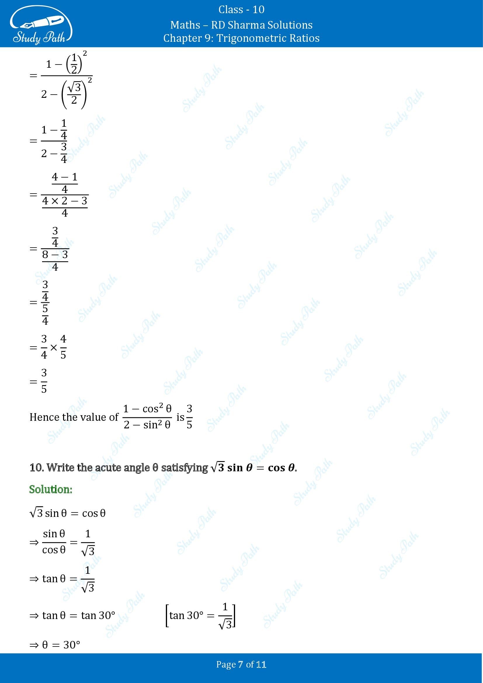 RD Sharma Solutions Class 10 Chapter 9 Trigonometric Ratios Very Short Answer Type Questions VSAQs 00007