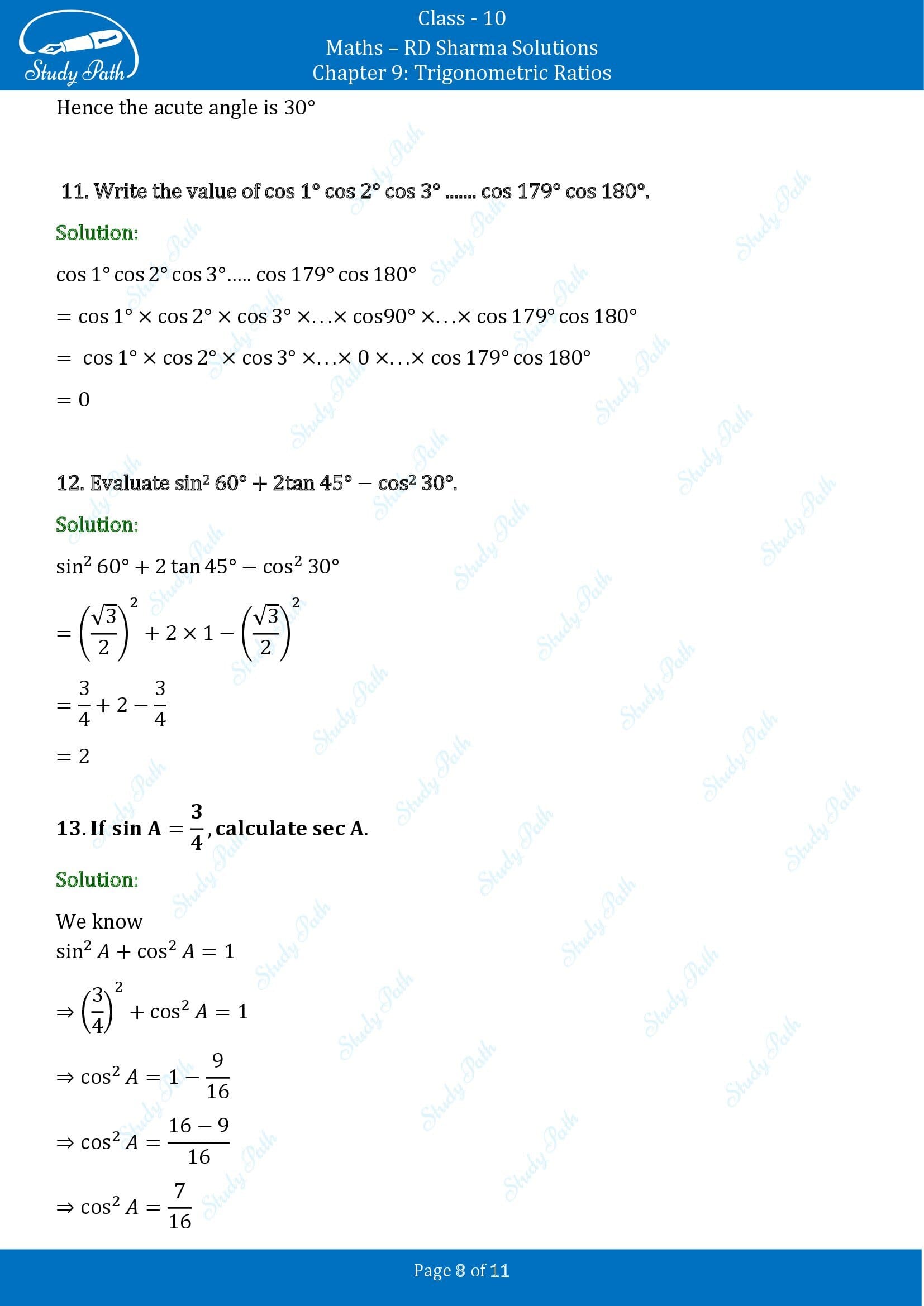 RD Sharma Solutions Class 10 Chapter 9 Trigonometric Ratios Very Short Answer Type Questions VSAQs 00008