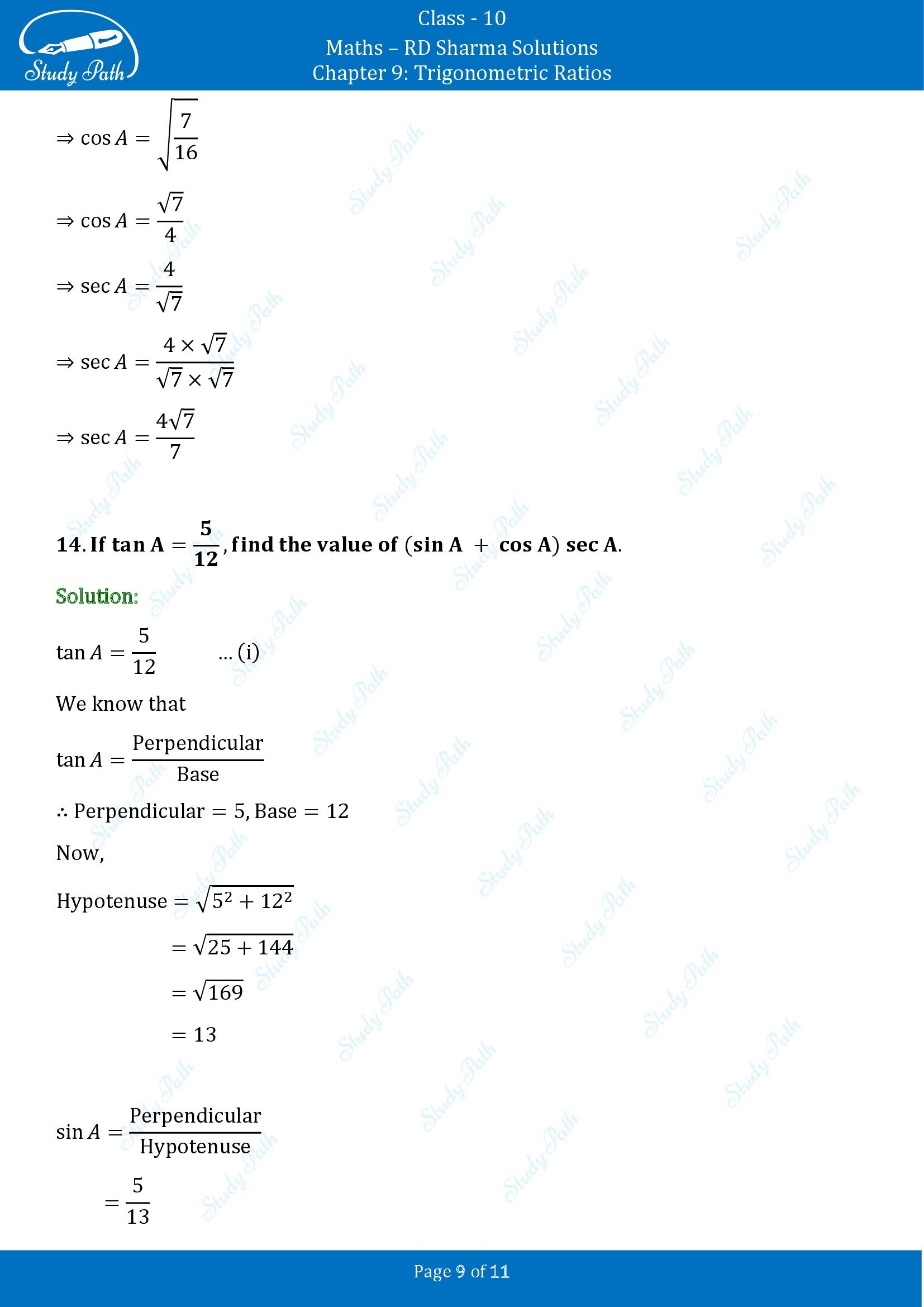 RD Sharma Solutions Class 10 Chapter 9 Trigonometric Ratios Very Short Answer Type Questions VSAQs 00009