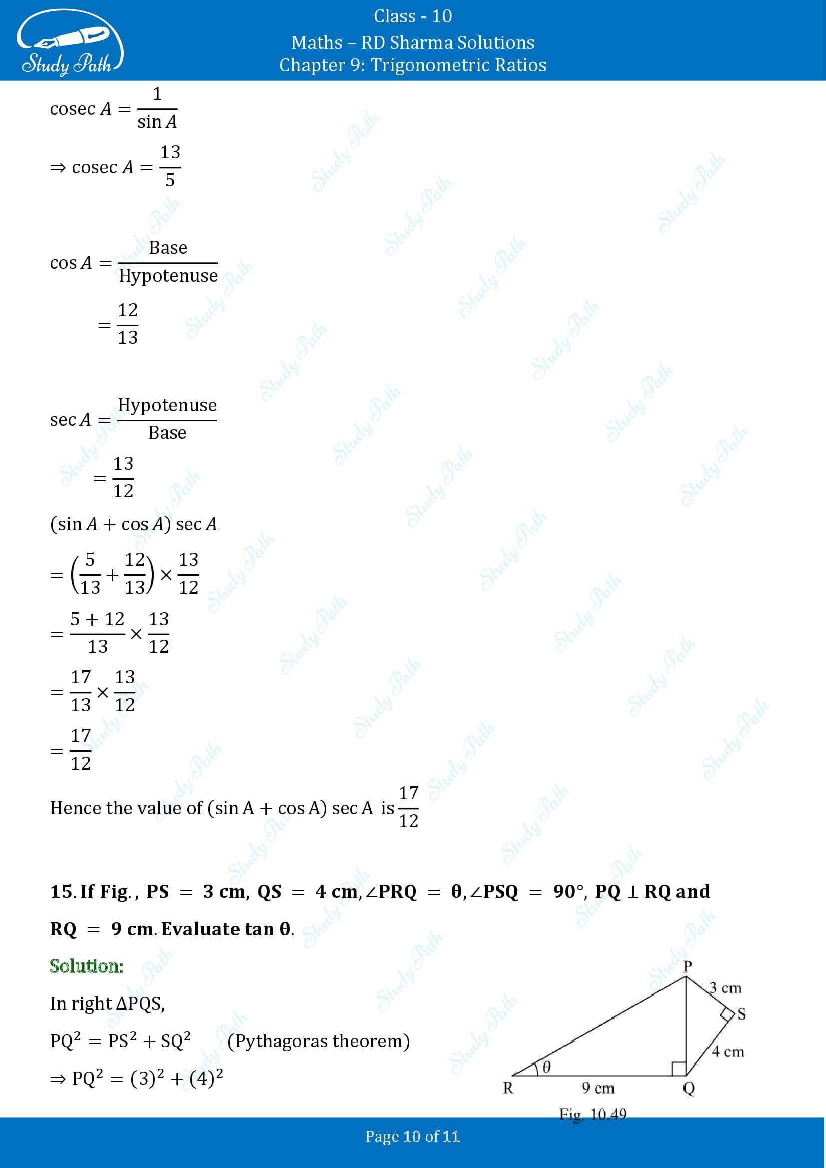 RD Sharma Solutions Class 10 Chapter 9 Trigonometric Ratios Very Short Answer Type Questions VSAQs 00010