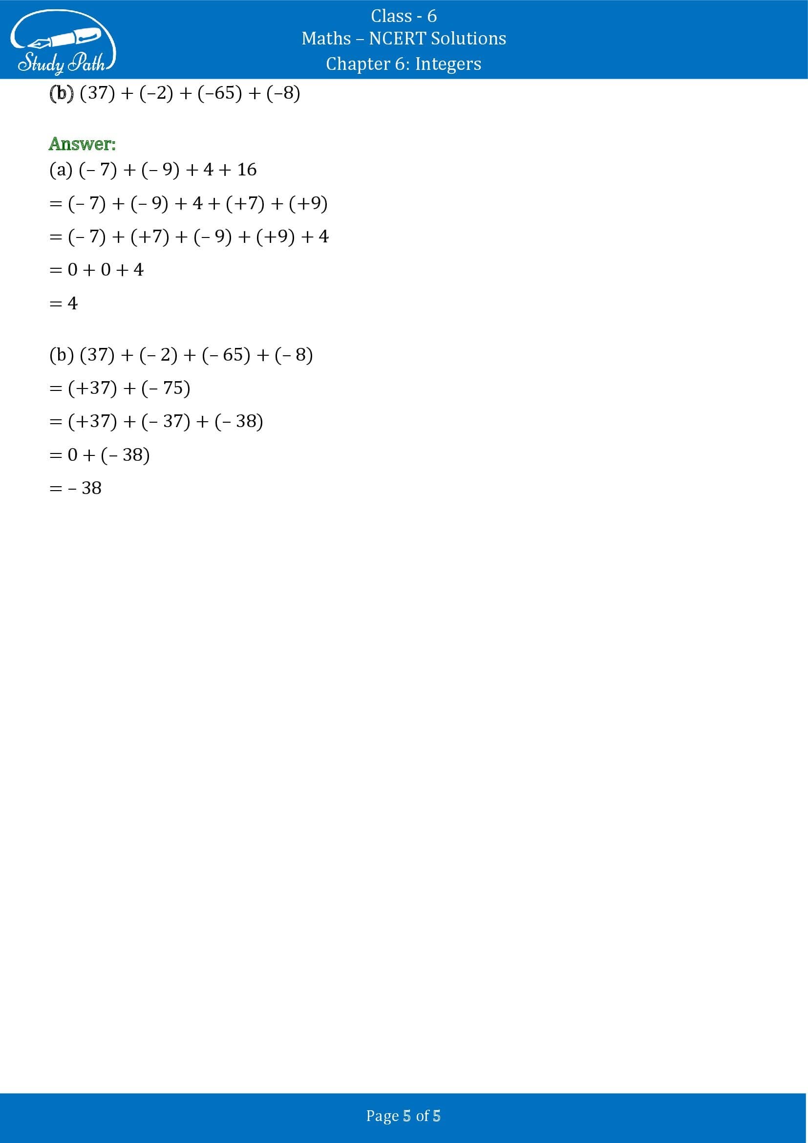 Class 6 Maths Exercise 6 2 Chapter 6 Integers Solutions Study Path