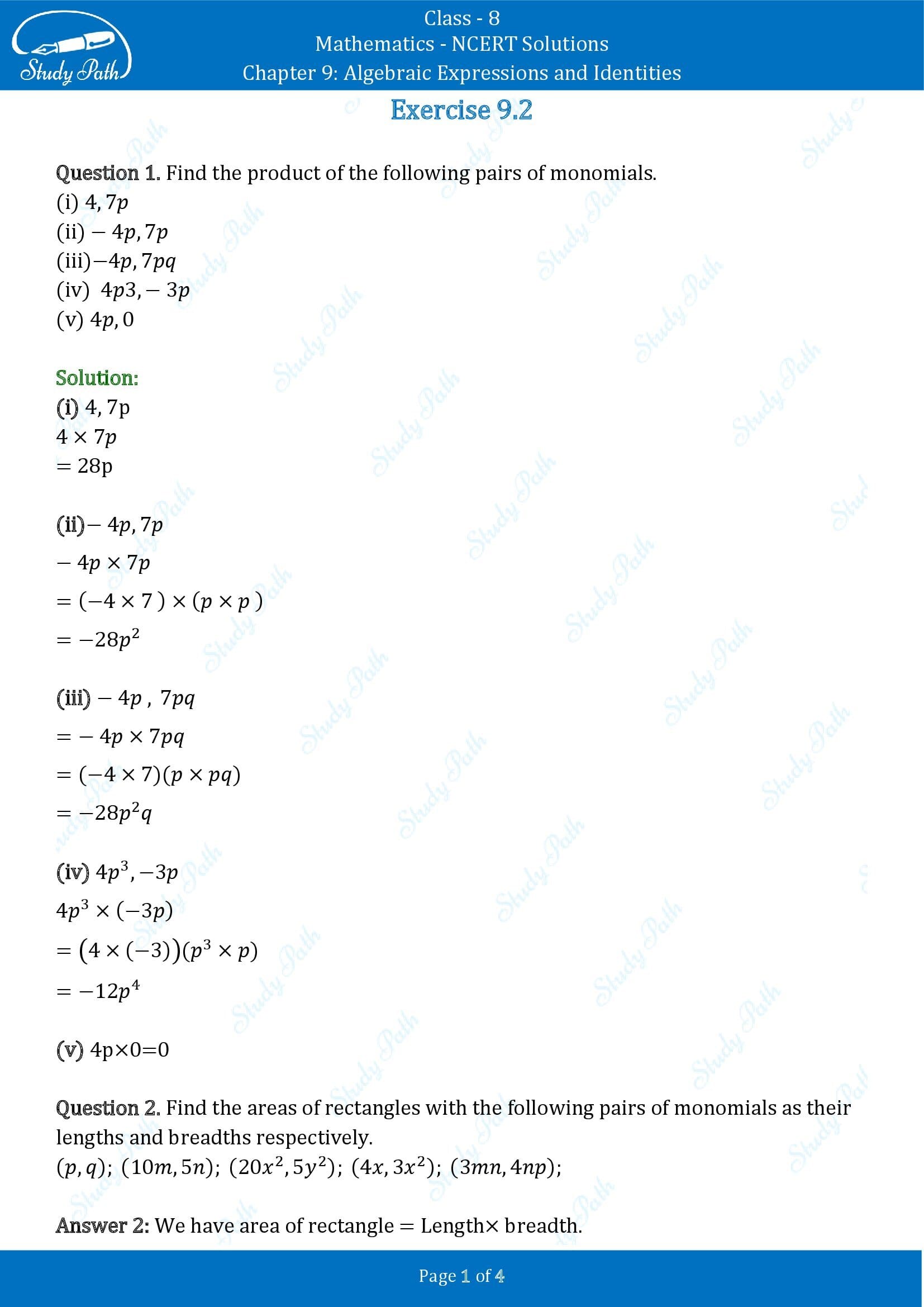NCERT Solutions for Class 8 Maths Chapter 9 Algebraic Expressions and Identities Exercise 9.2 00001