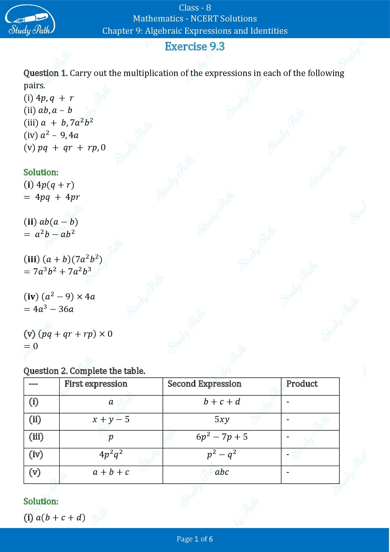 NCERT Solutions for Class 8 Maths Chapter 9 Algebraic Expressions and Identities Exercise 9.3 00001