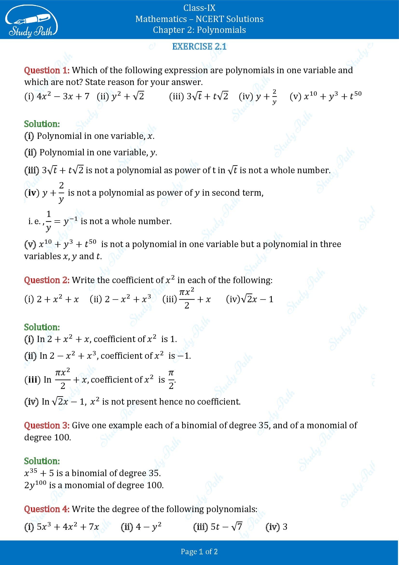 case study questions class 9 maths polynomials