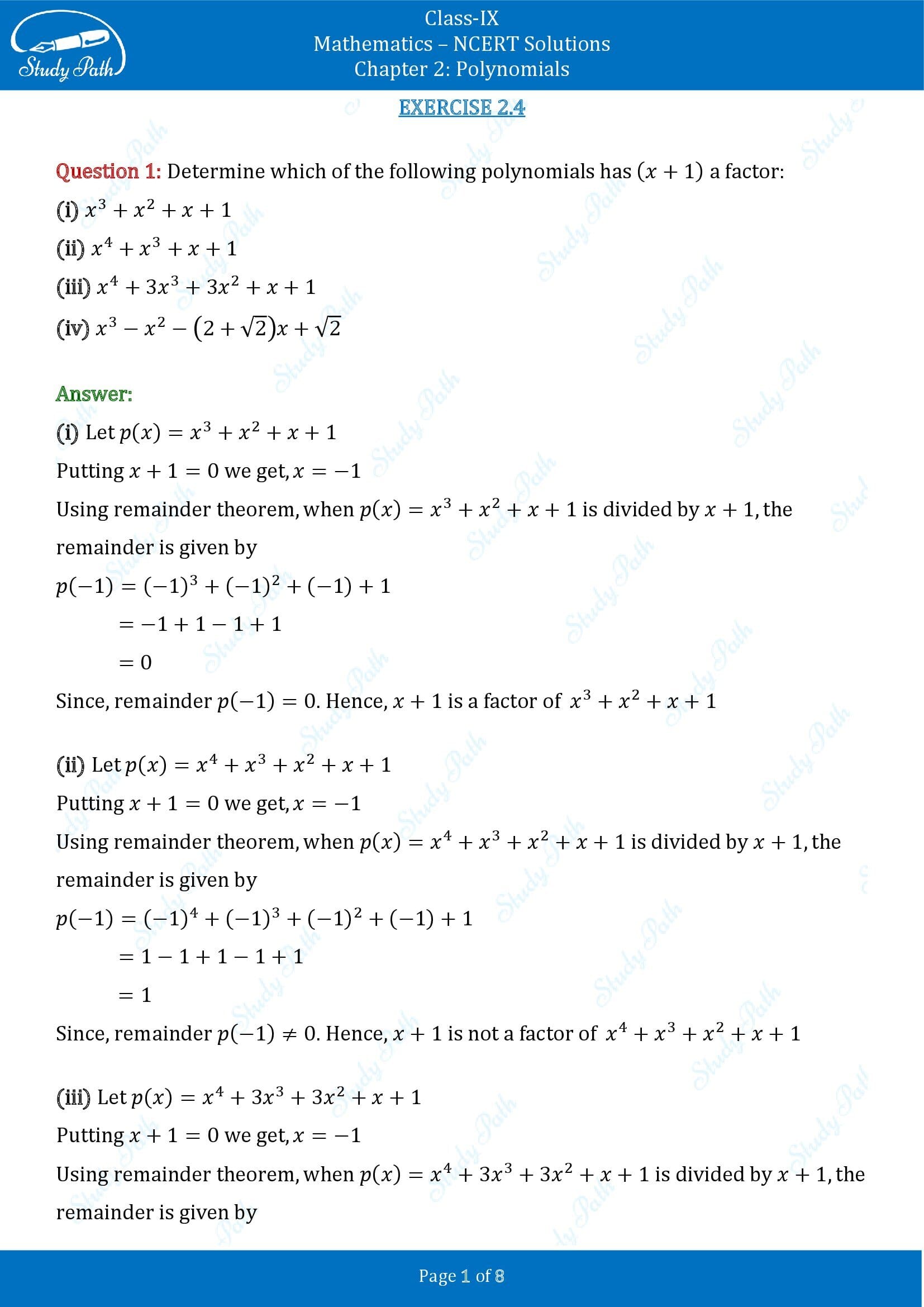 NCERT Solutions Class 9 Maths Chapter 2 Exercise 2.4 Polynomials