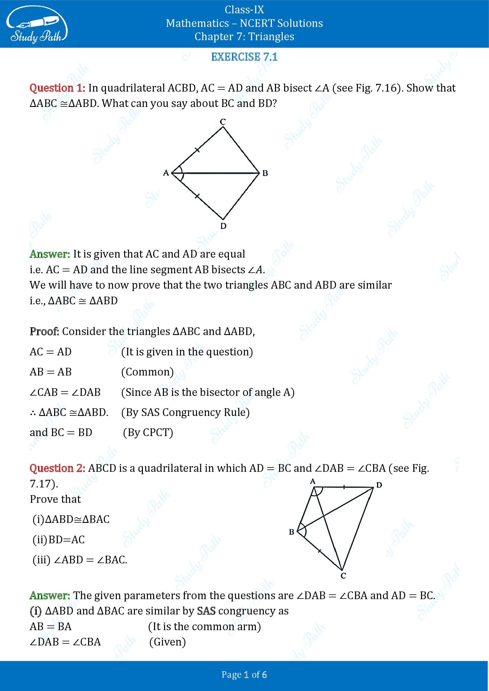 NCERT Solutions for Class 9 Maths Chapter 7 Triangles Exercise 7.1 00001