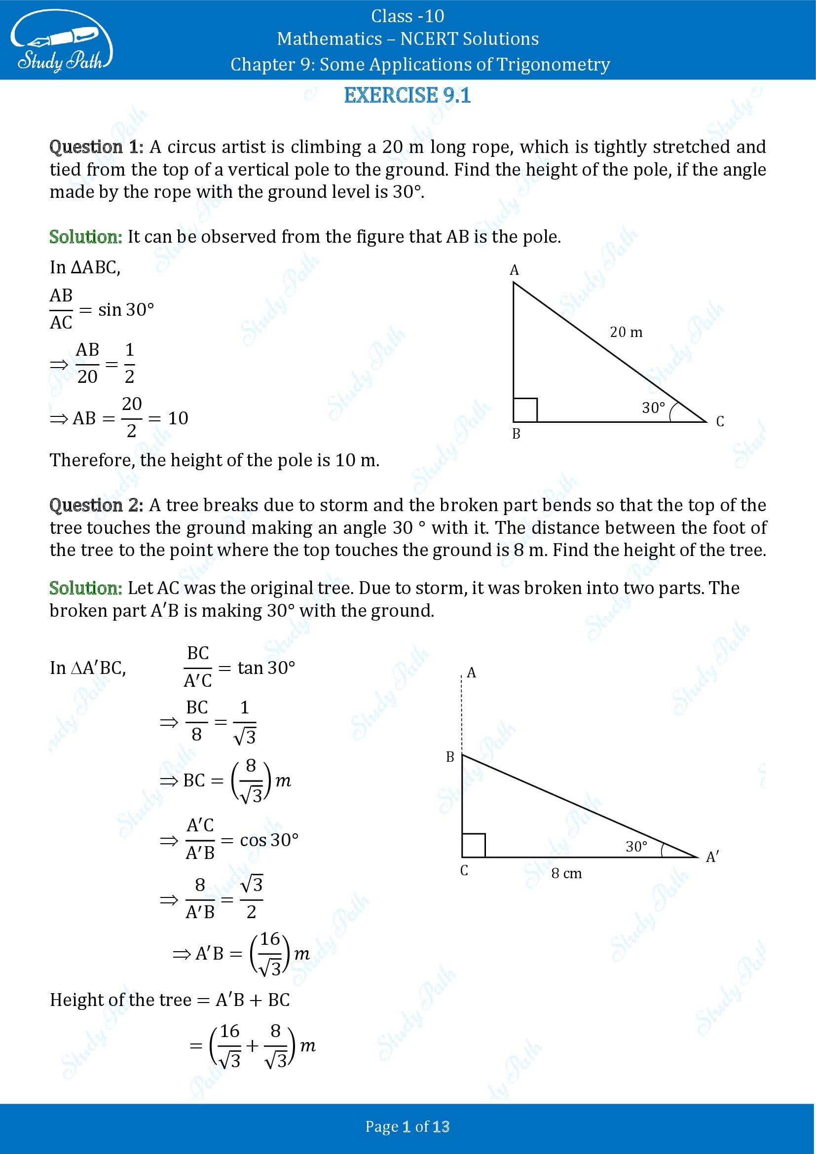 NCERT Solutions for Class 10 Maths Chapter 9 Some Applications of Trigonometry 00001