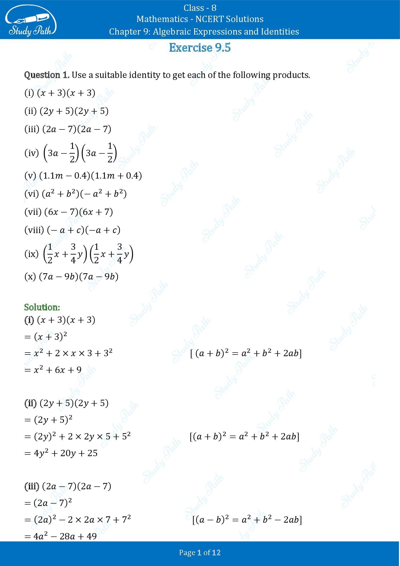 NCERT Solutions for Class 8 Maths Chapter 9 Algebraic Expressions and Identities Exercise 9.5 00001