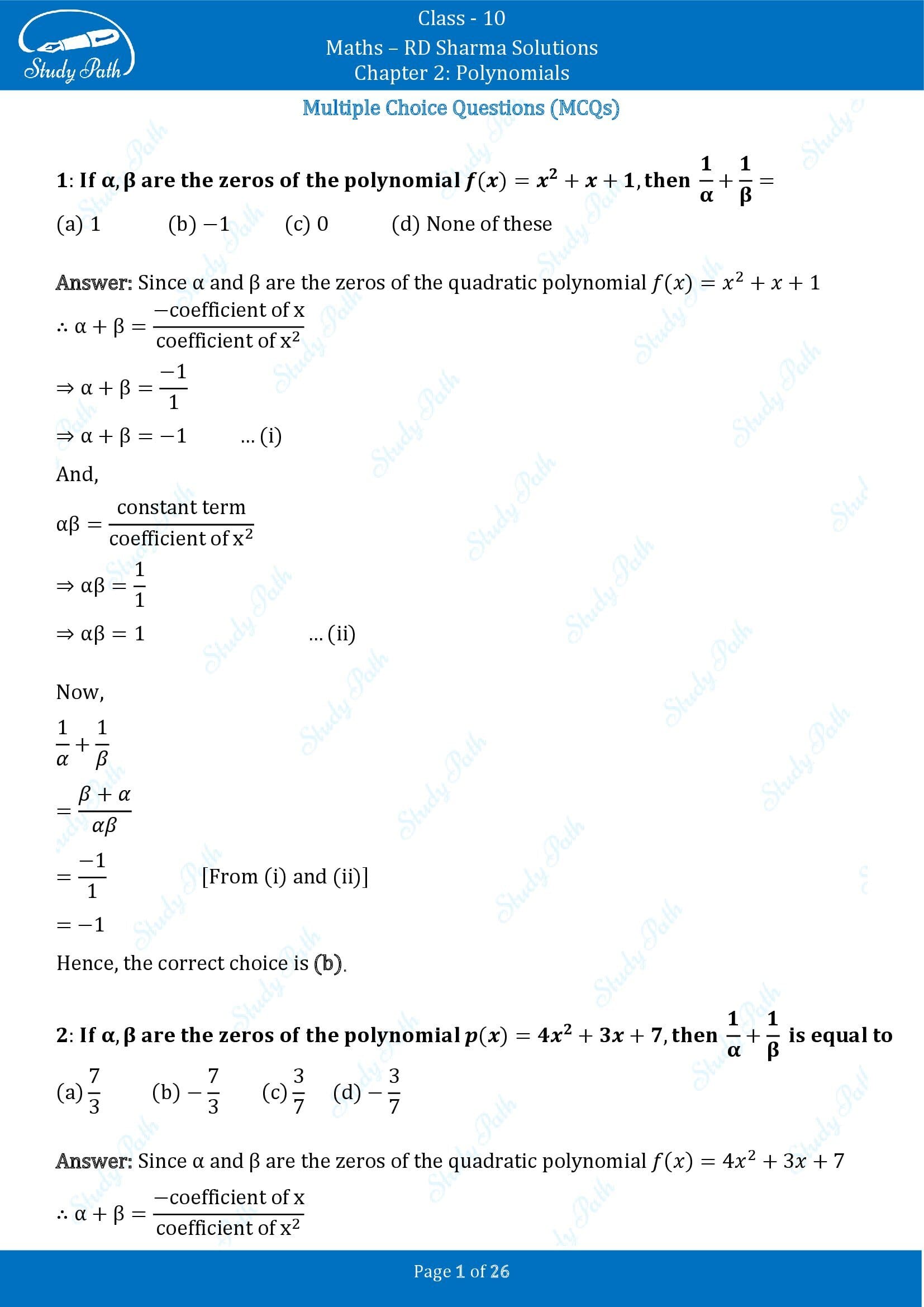 RD Sharma Solutions Class 10 Chapter 2 Polynomials Multiple Choice Questions MCQs 00001