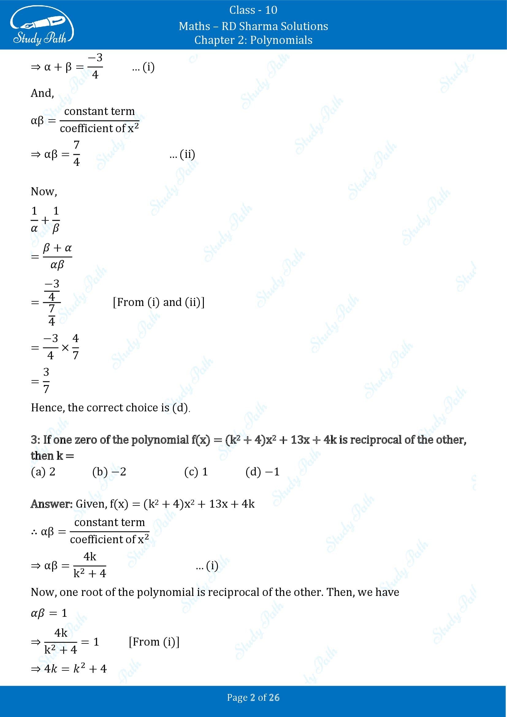 RD Sharma Solutions Class 10 Chapter 2 Polynomials Multiple Choice Questions MCQs 00002