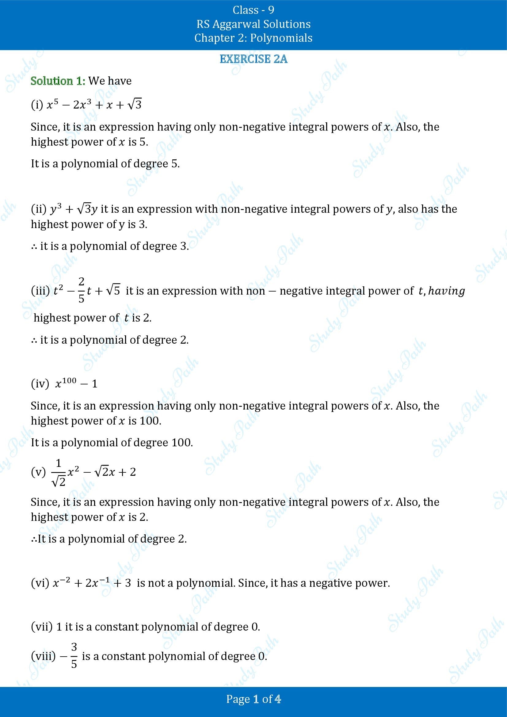 RS Aggarwal Solutions Class 9 Chapter 2 Polynomials Exercise 2A 00001