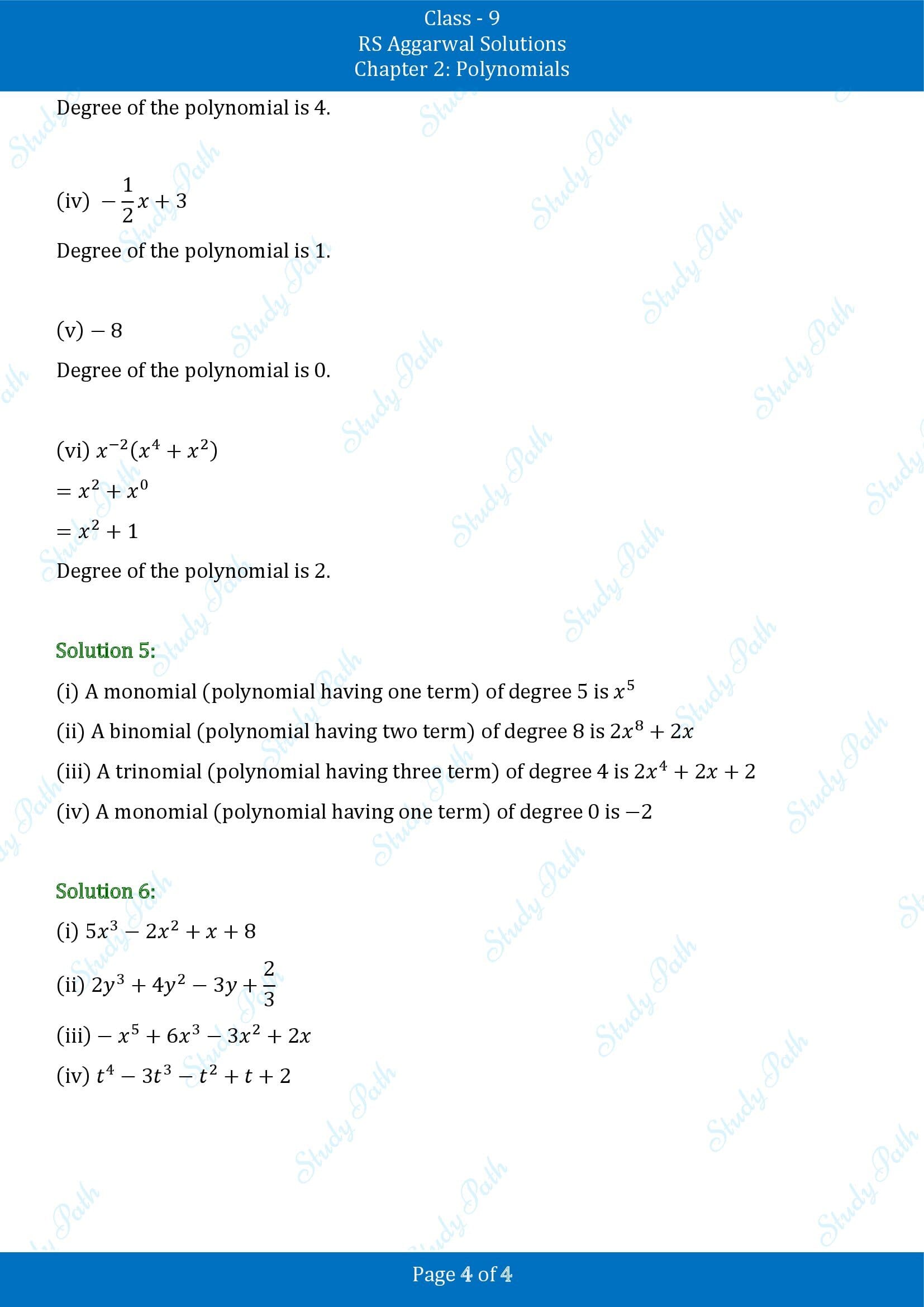 RS Aggarwal Solutions Class 9 Chapter 2 Polynomials Exercise 2A 00004