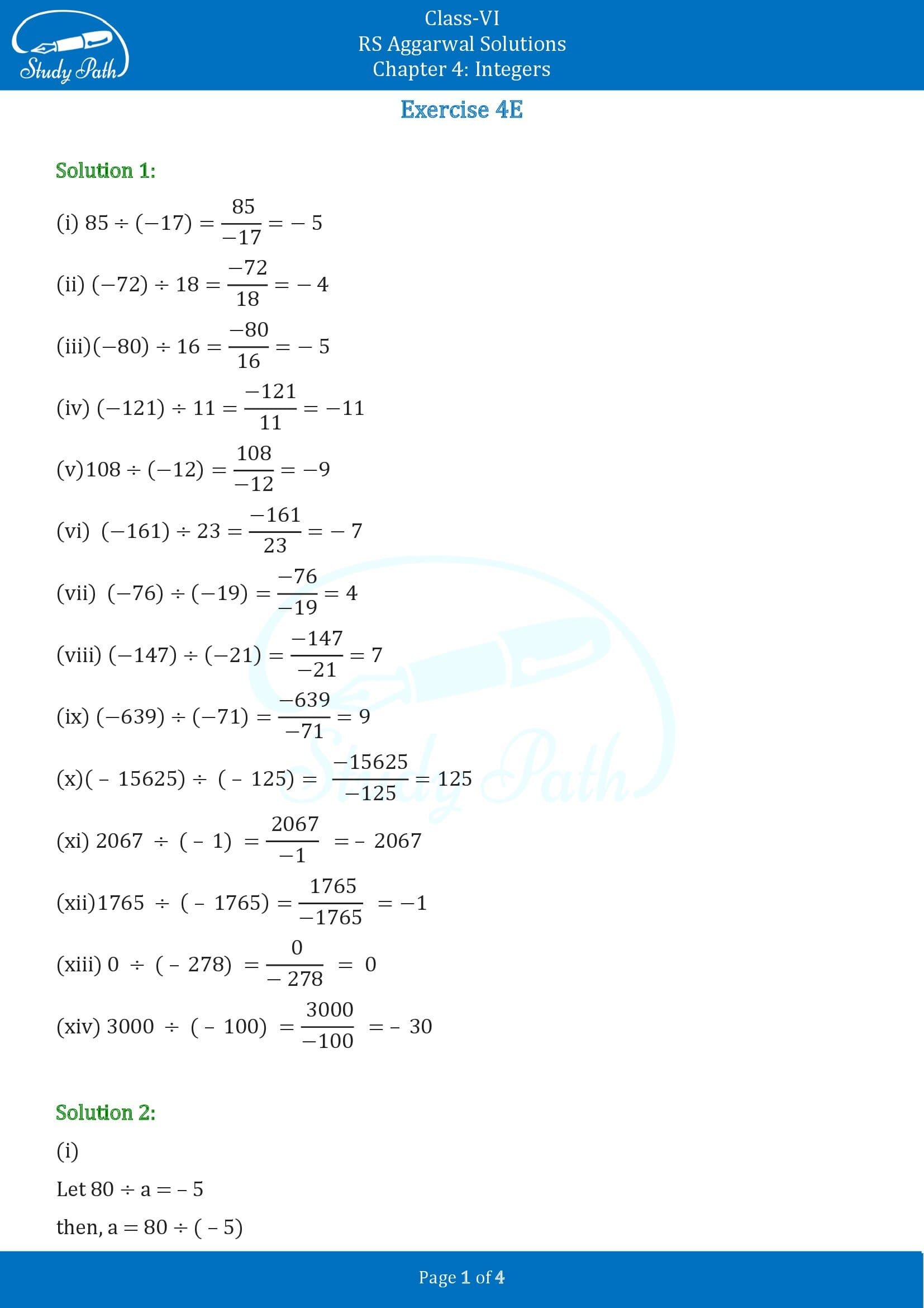 RS Aggarwal Solutions Class 6 Chapter 4 Integers Exercise 4E 00001