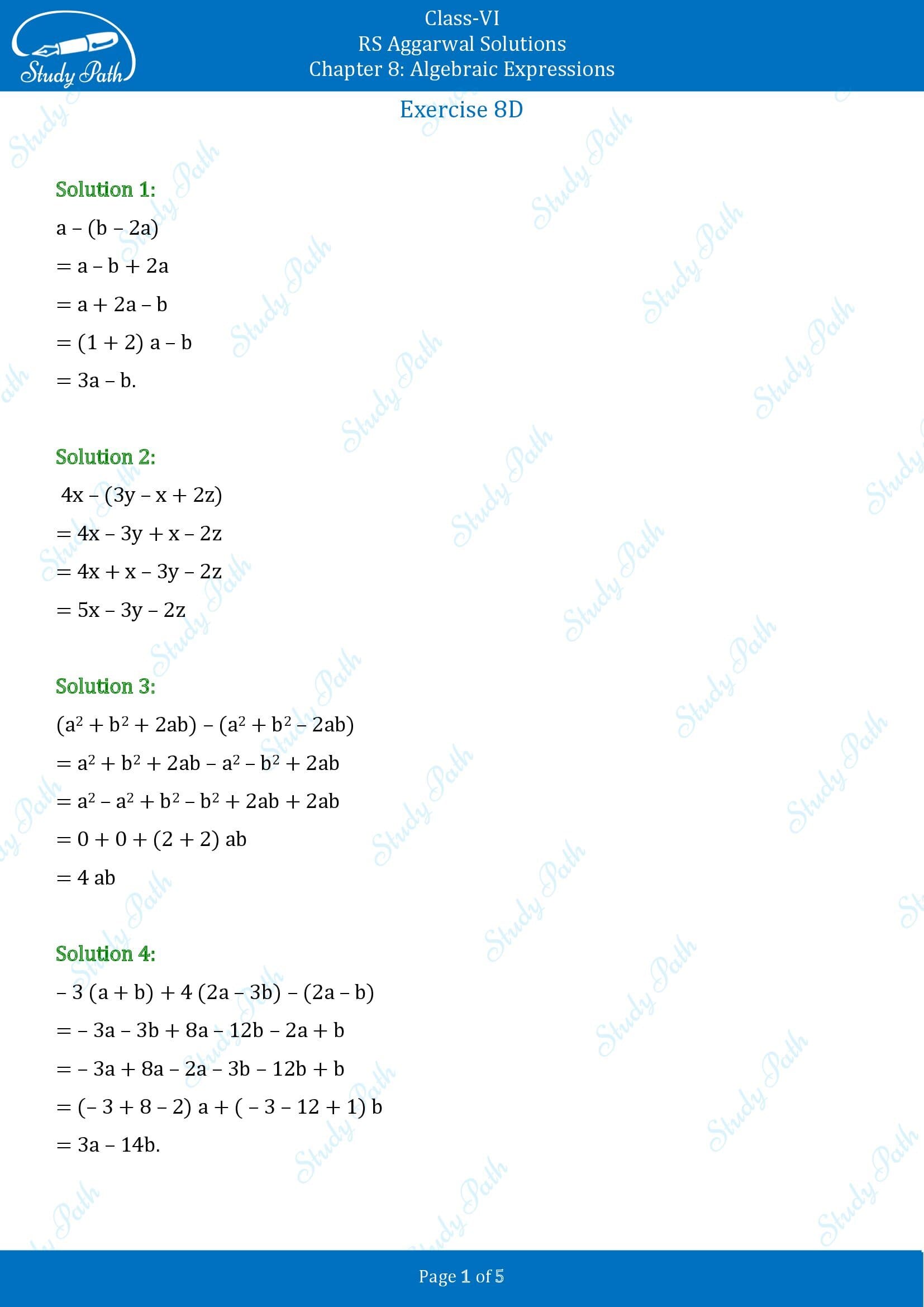 RS Aggarwal Solutions Class 6 Chapter 8 Algebraic Expressions Exercise 8D 00001