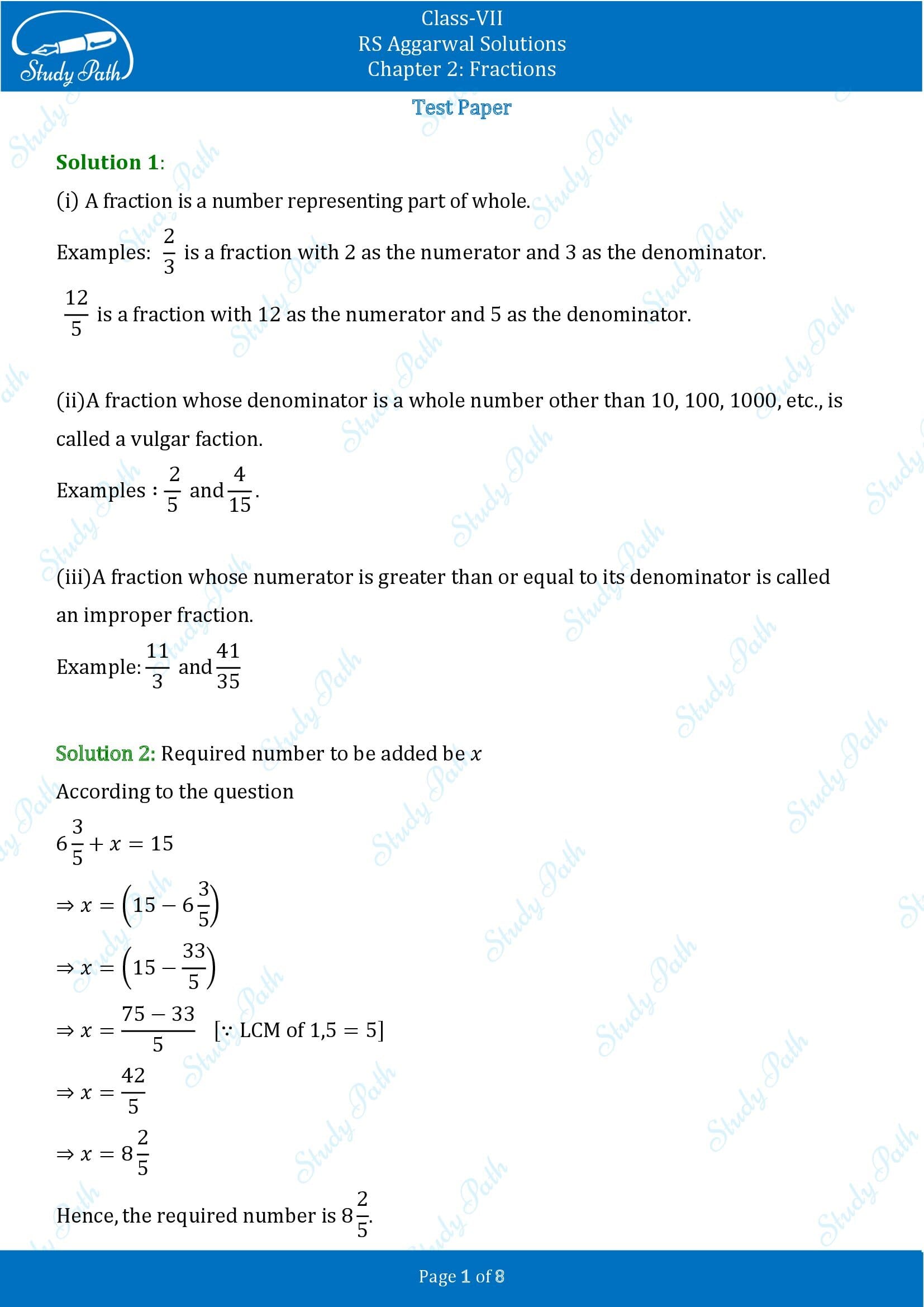 RS Aggarwal Solutions Class 7 Chapter 2 Fractions Test Paper 00001