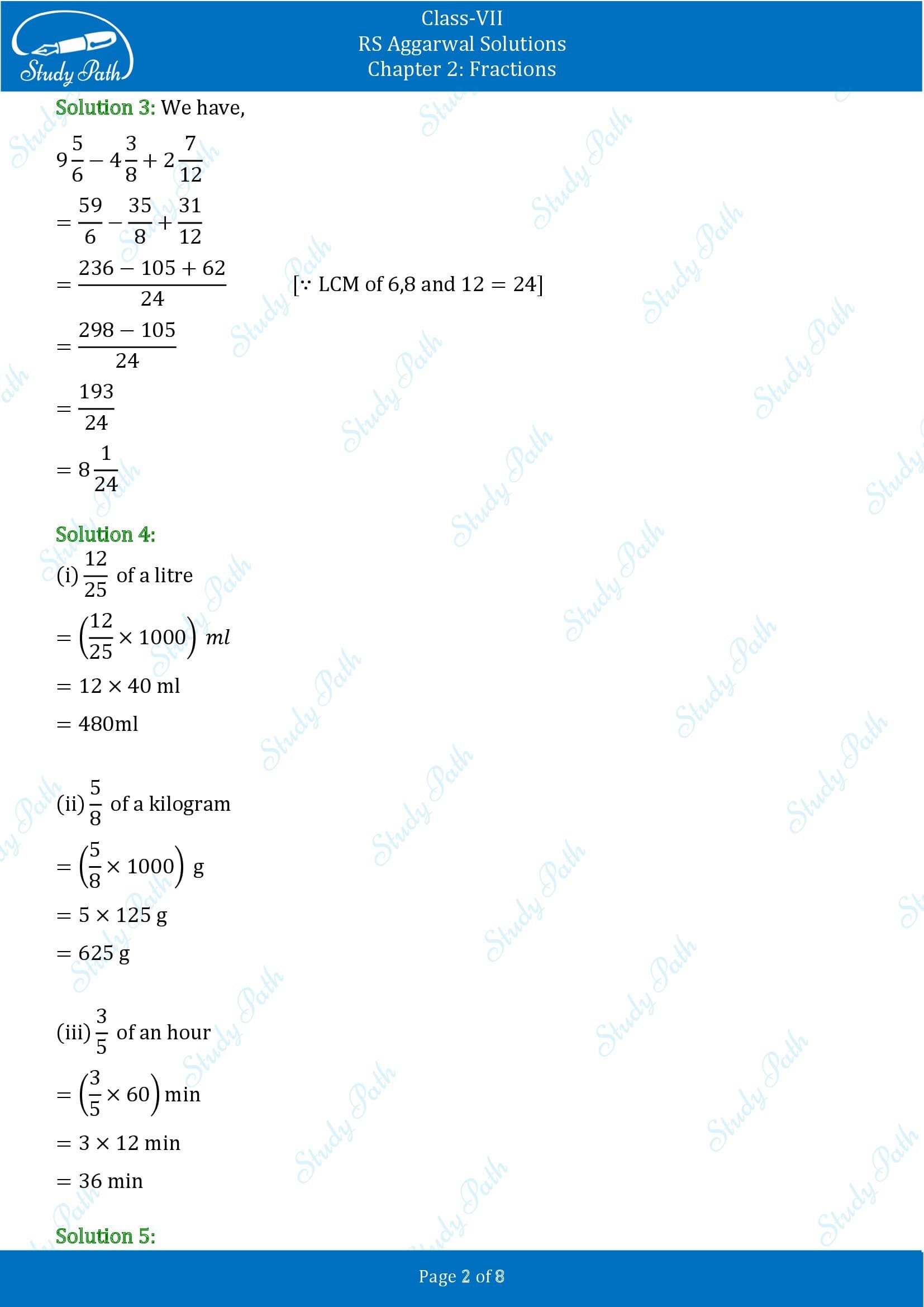 RS Aggarwal Solutions Class 7 Chapter 2 Fractions Test Paper 00002