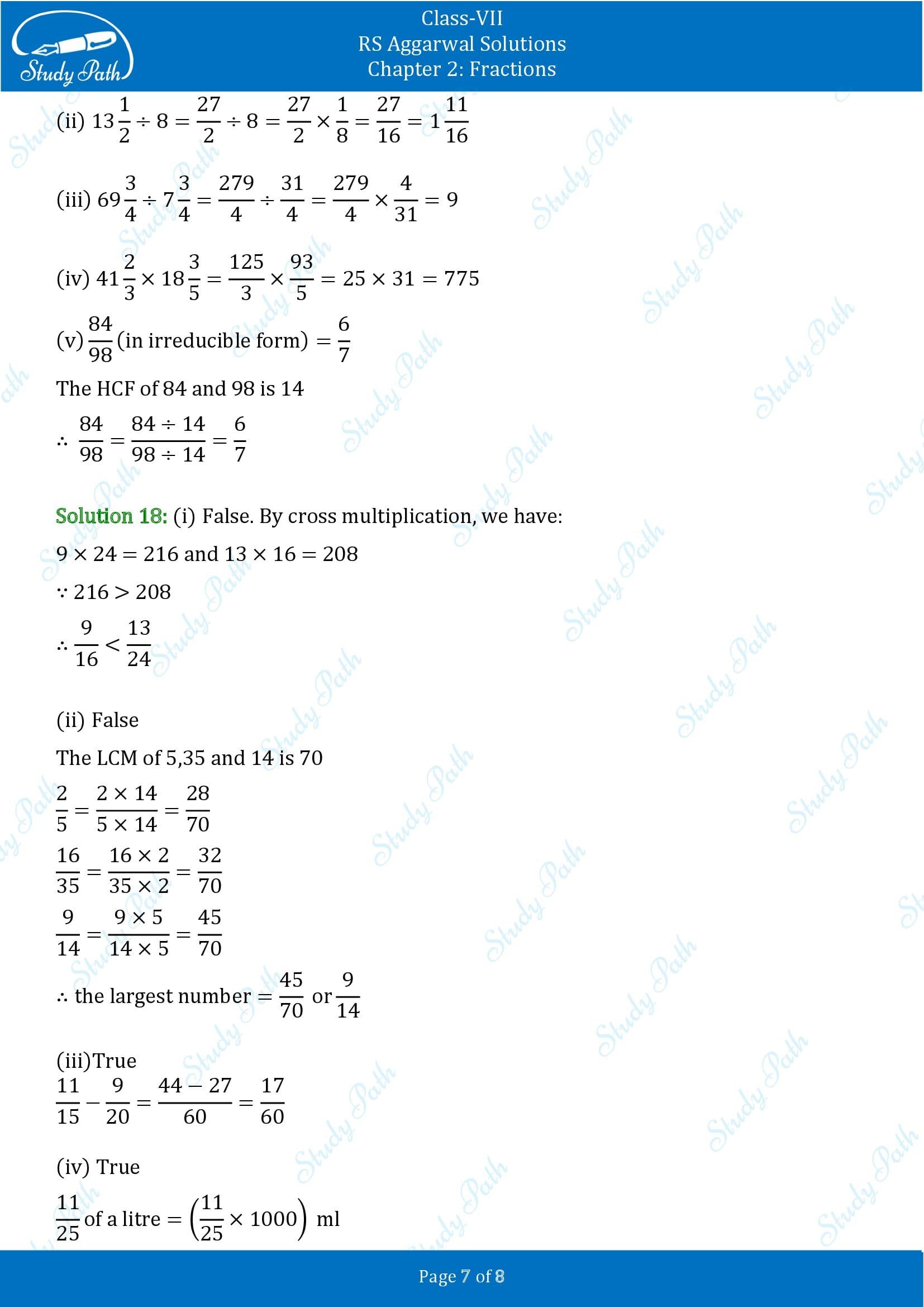 RS Aggarwal Solutions Class 7 Chapter 2 Fractions Test Paper 00007