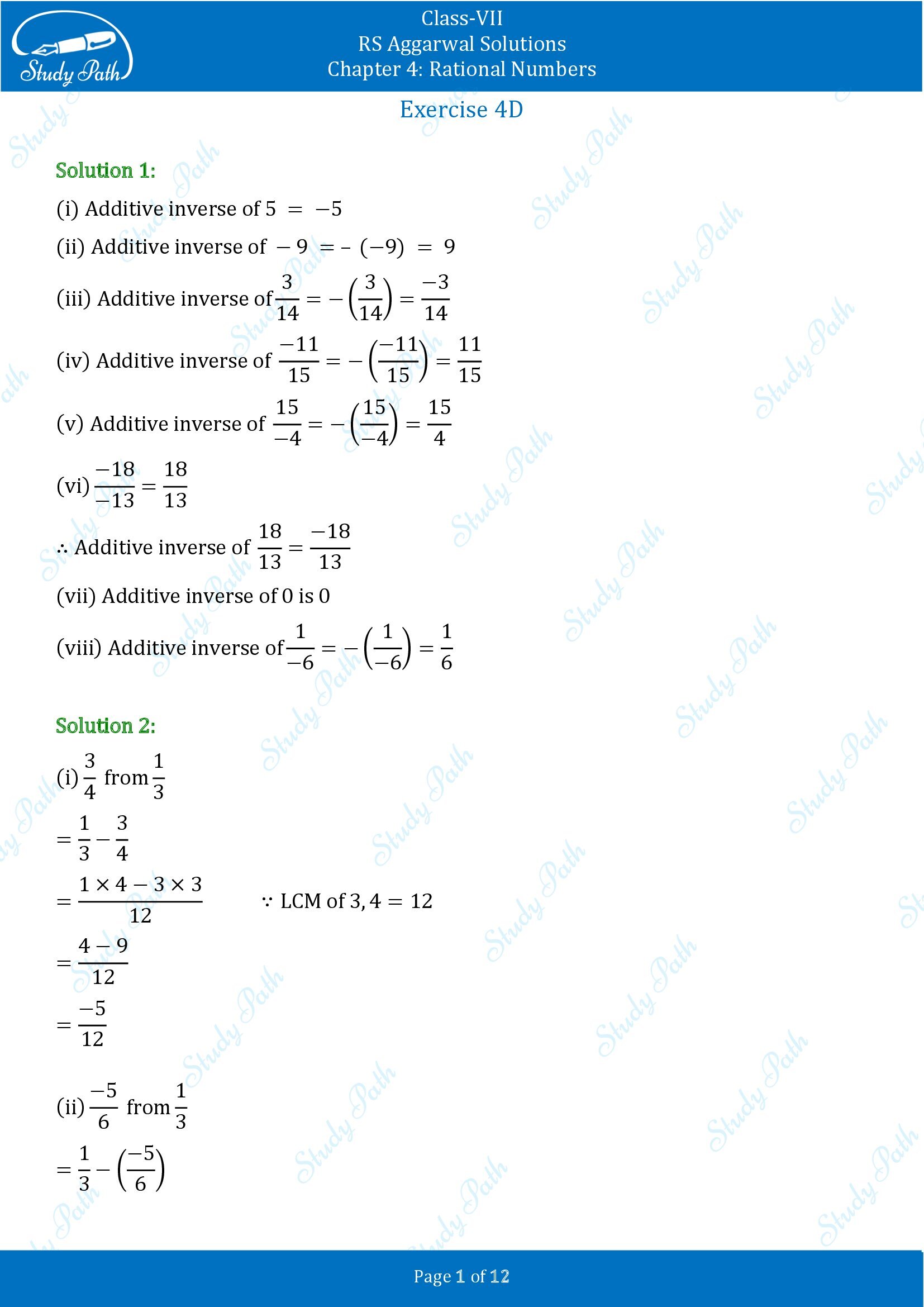 RS Aggarwal Solutions Class 7 Chapter 4 Rational Numbers Exercise 4D 00001