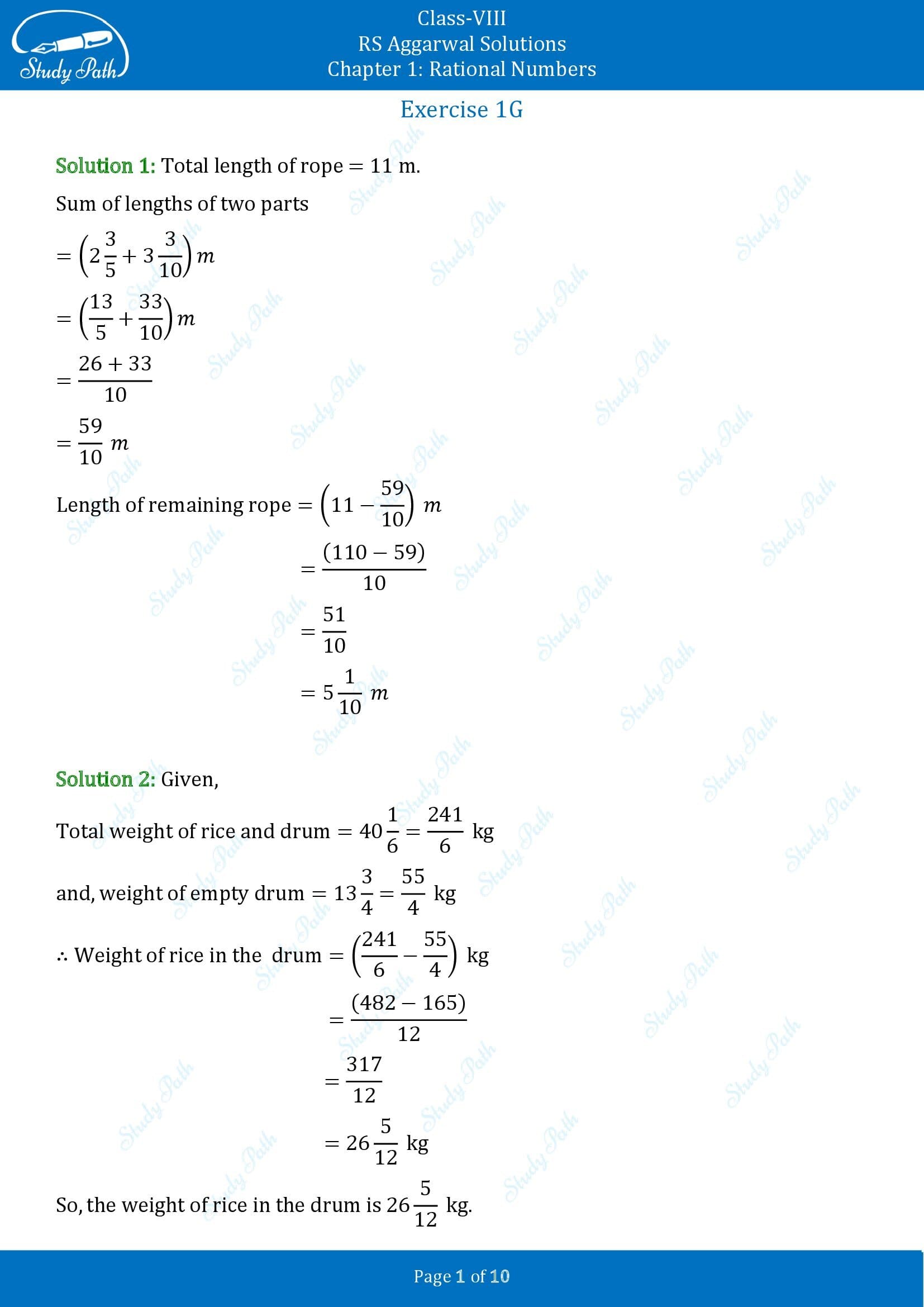 RS Aggarwal Solutions Class 8 Chapter 1 Rational Numbers Exercise 1G 00001