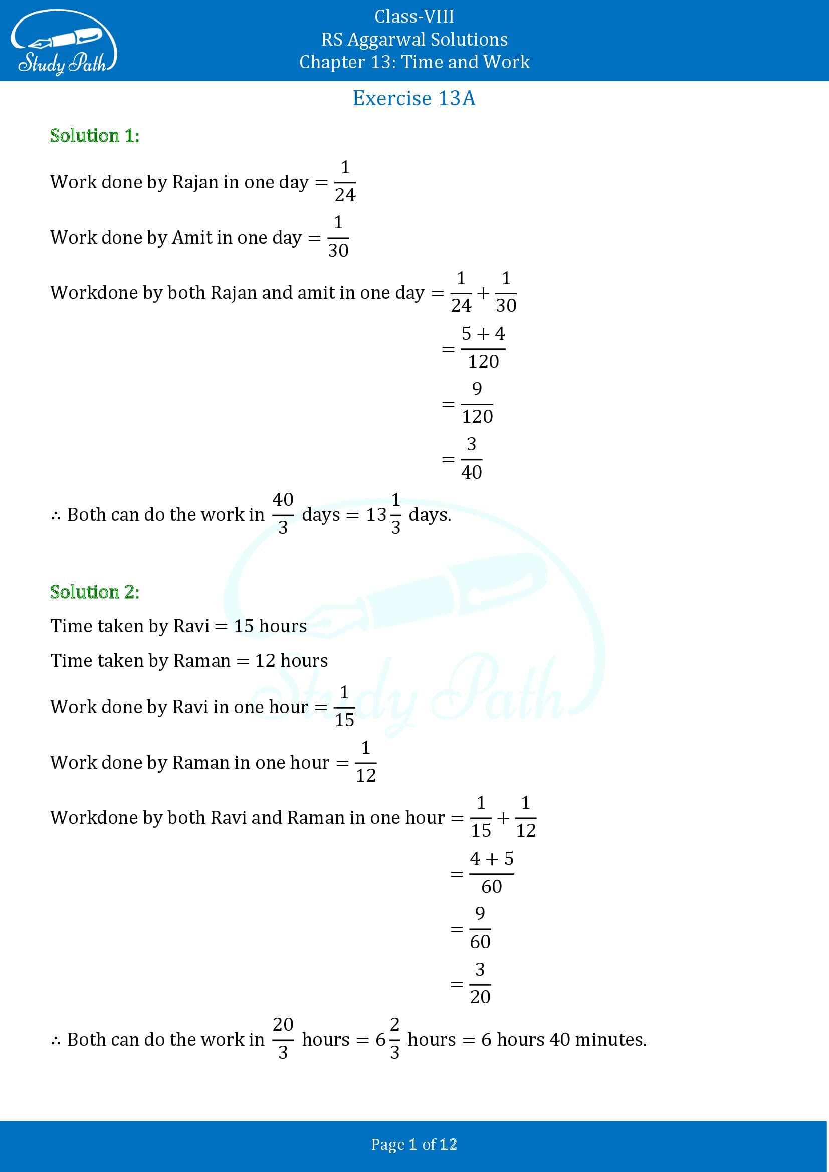 RS Aggarwal Solutions Class 8 Chapter 13 Time and Work Exercise 13A 00001