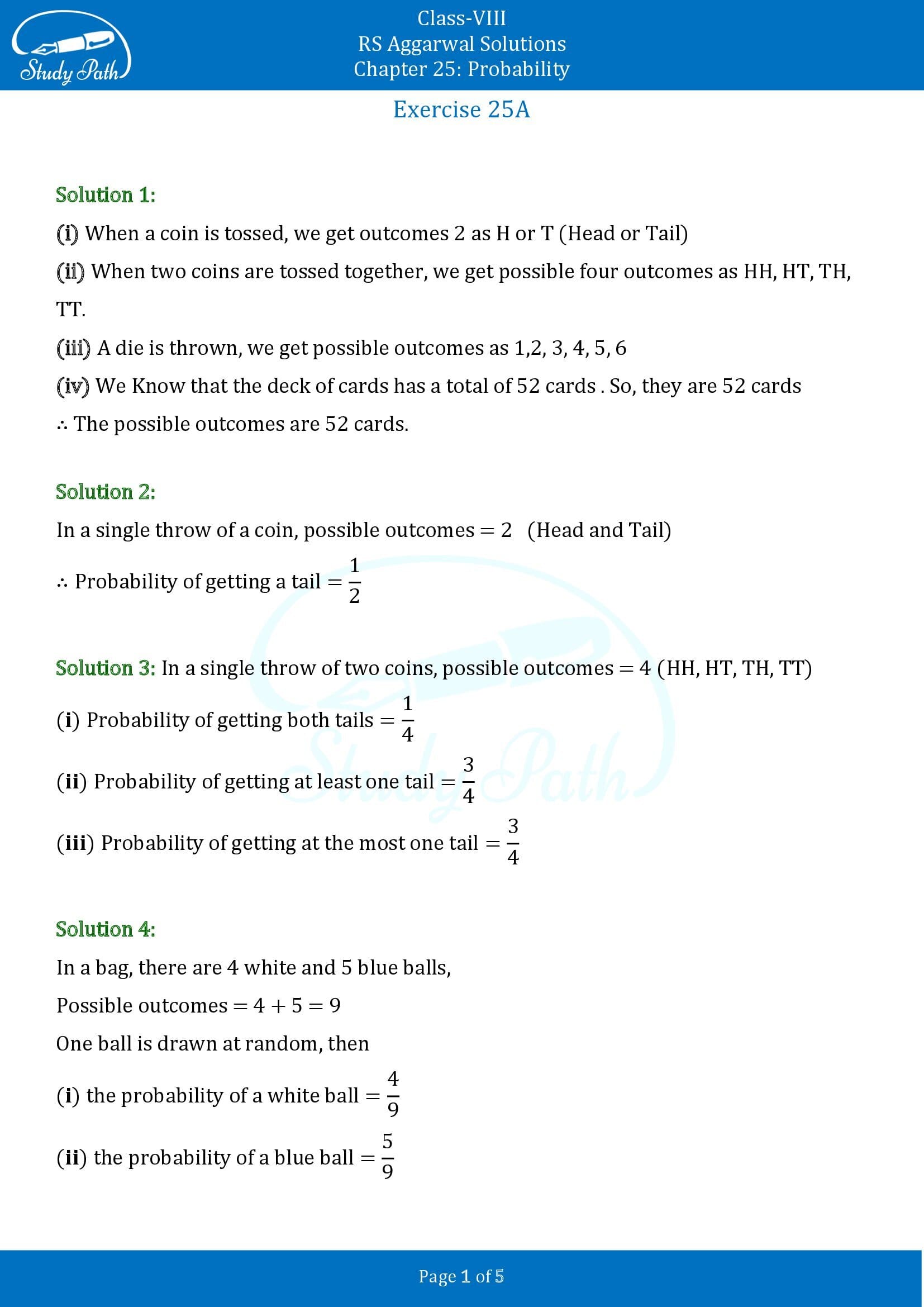 RS Aggarwal Solutions Class 8 Chapter 25 Probability Exercise 25A 00001