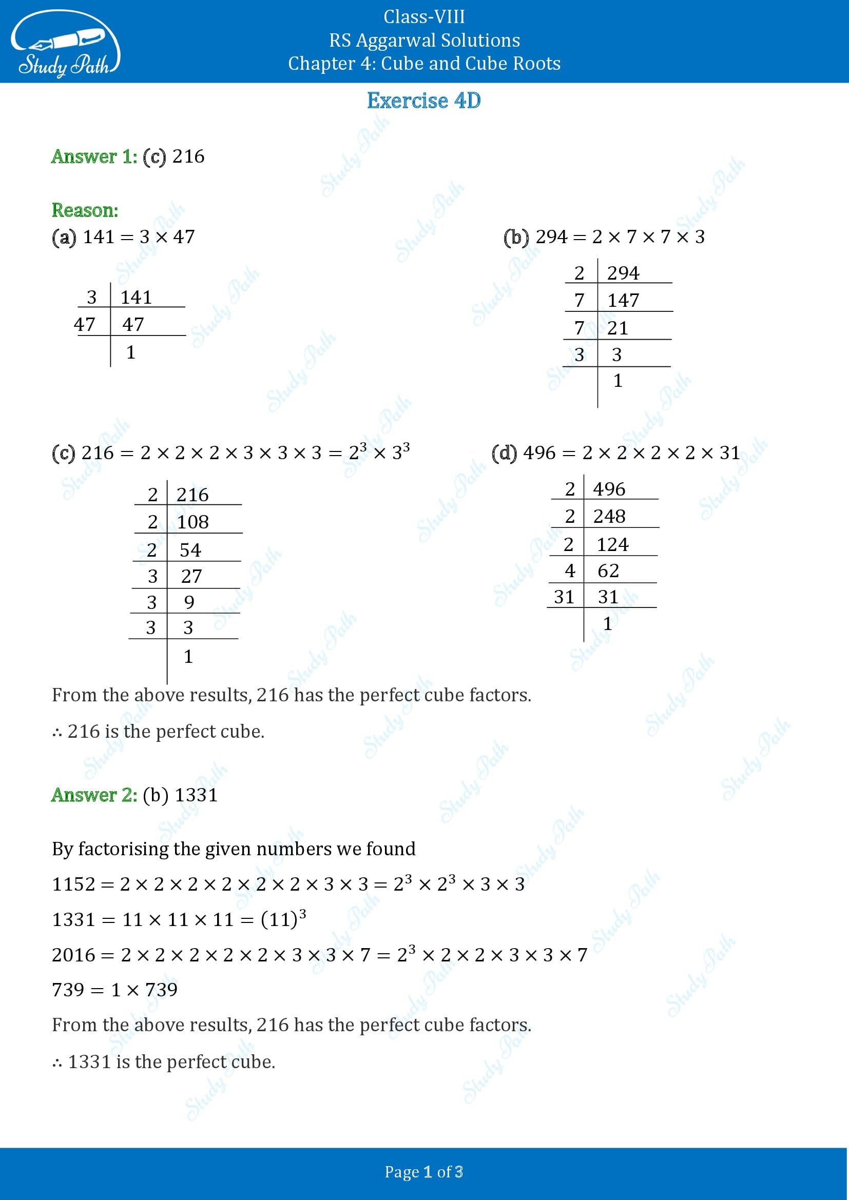 RS Aggarwal Solutions Class 8 Chapter 4 Cube and Cube Roots Exercise 4D MCQs 00001