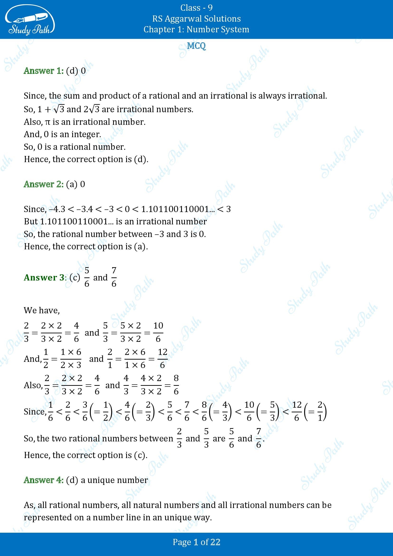 RS Aggarwal Solutions Class 9 Chapter 1 Number System Multiple Choice Questions MCQs 00001