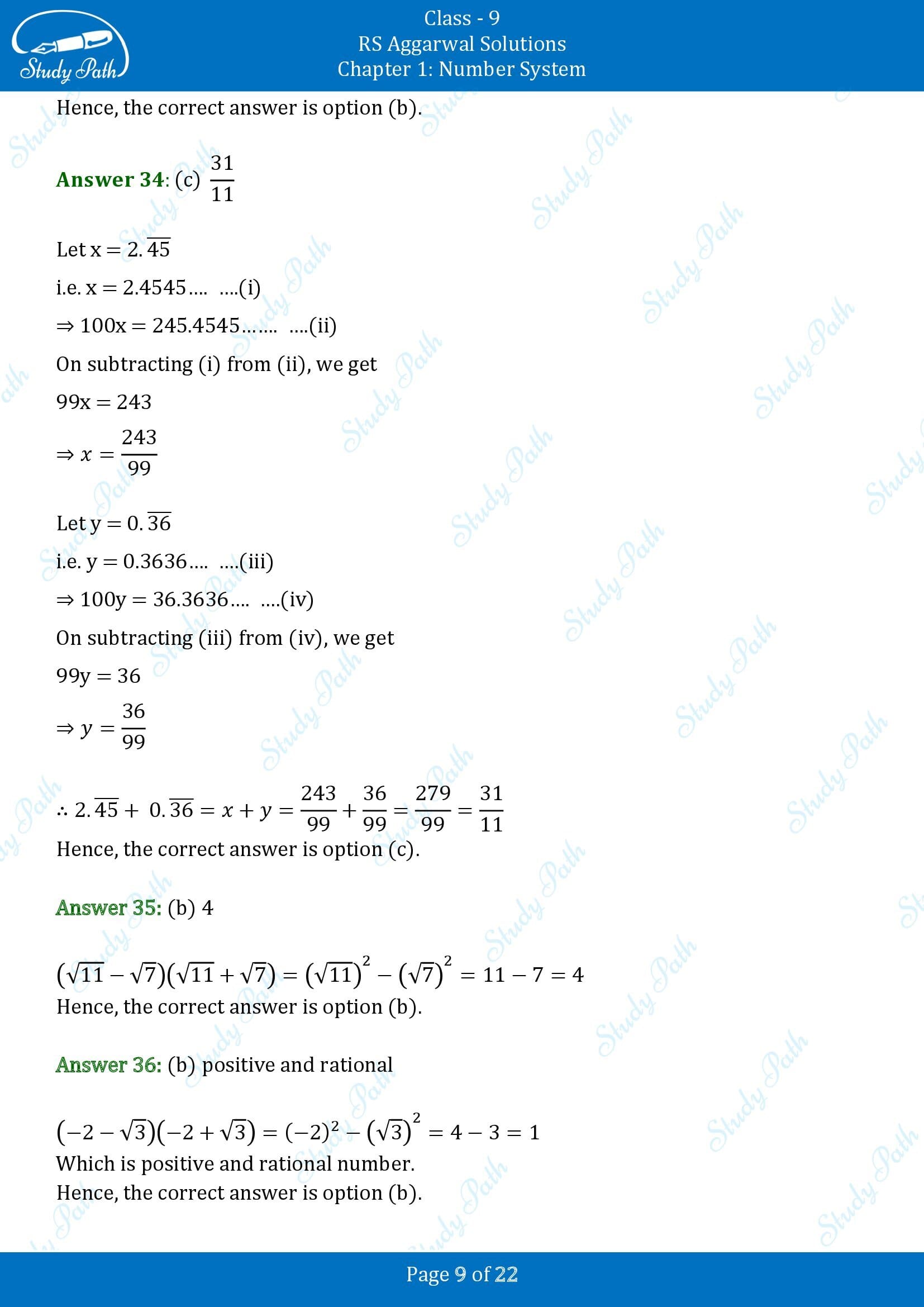 RS Aggarwal Solutions Class 9 Chapter 1 Number System Multiple Choice Questions MCQs 00009