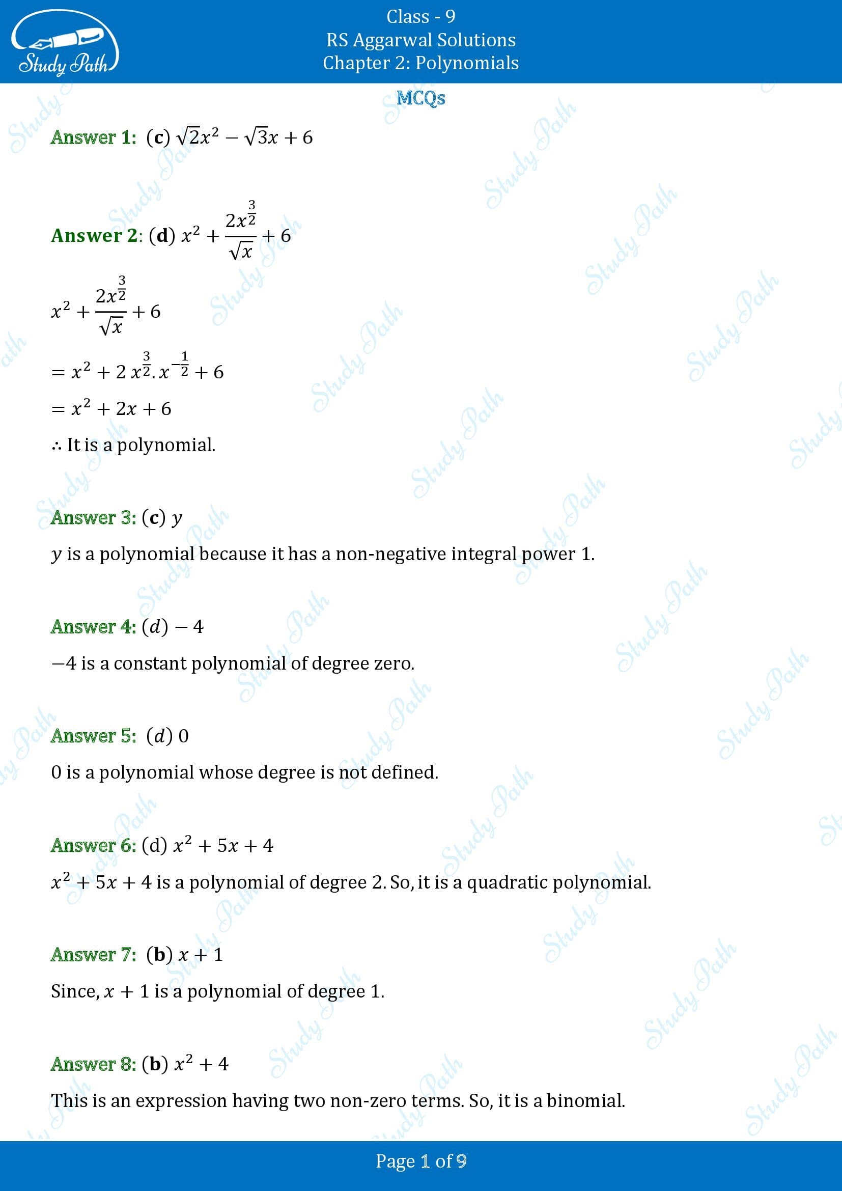 RS Aggarwal Solutions Class 9 Chapter 2 Polynomials Multiple Choice Questions MCQs 00001