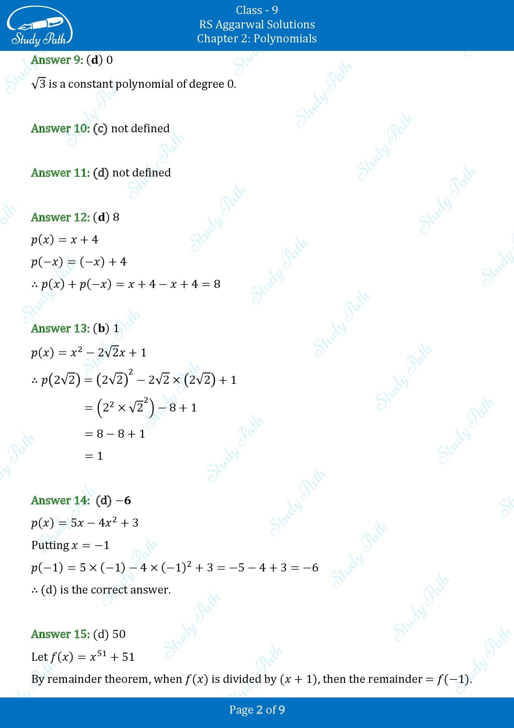 RS Aggarwal Solutions Class 9 Chapter 2 Polynomials Multiple Choice Questions MCQs 00002