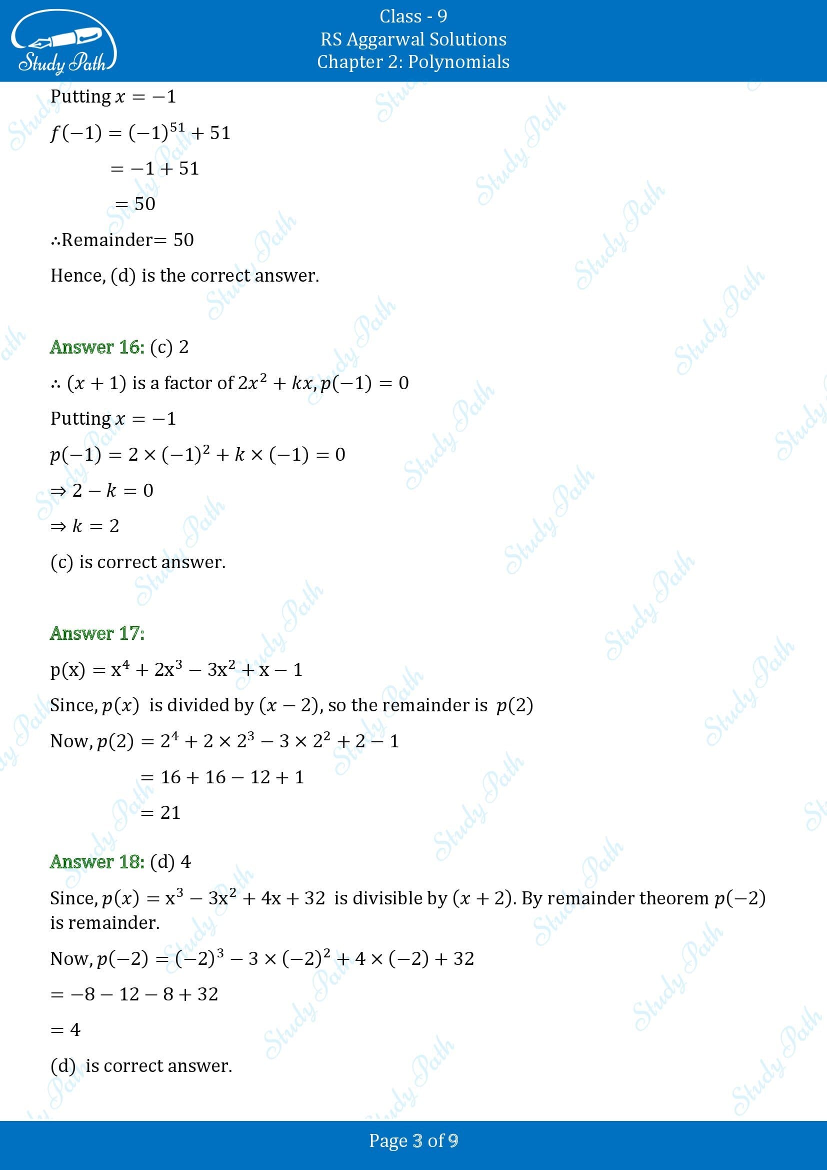 RS Aggarwal Solutions Class 9 Chapter 2 Polynomials Multiple Choice Questions MCQs 00003