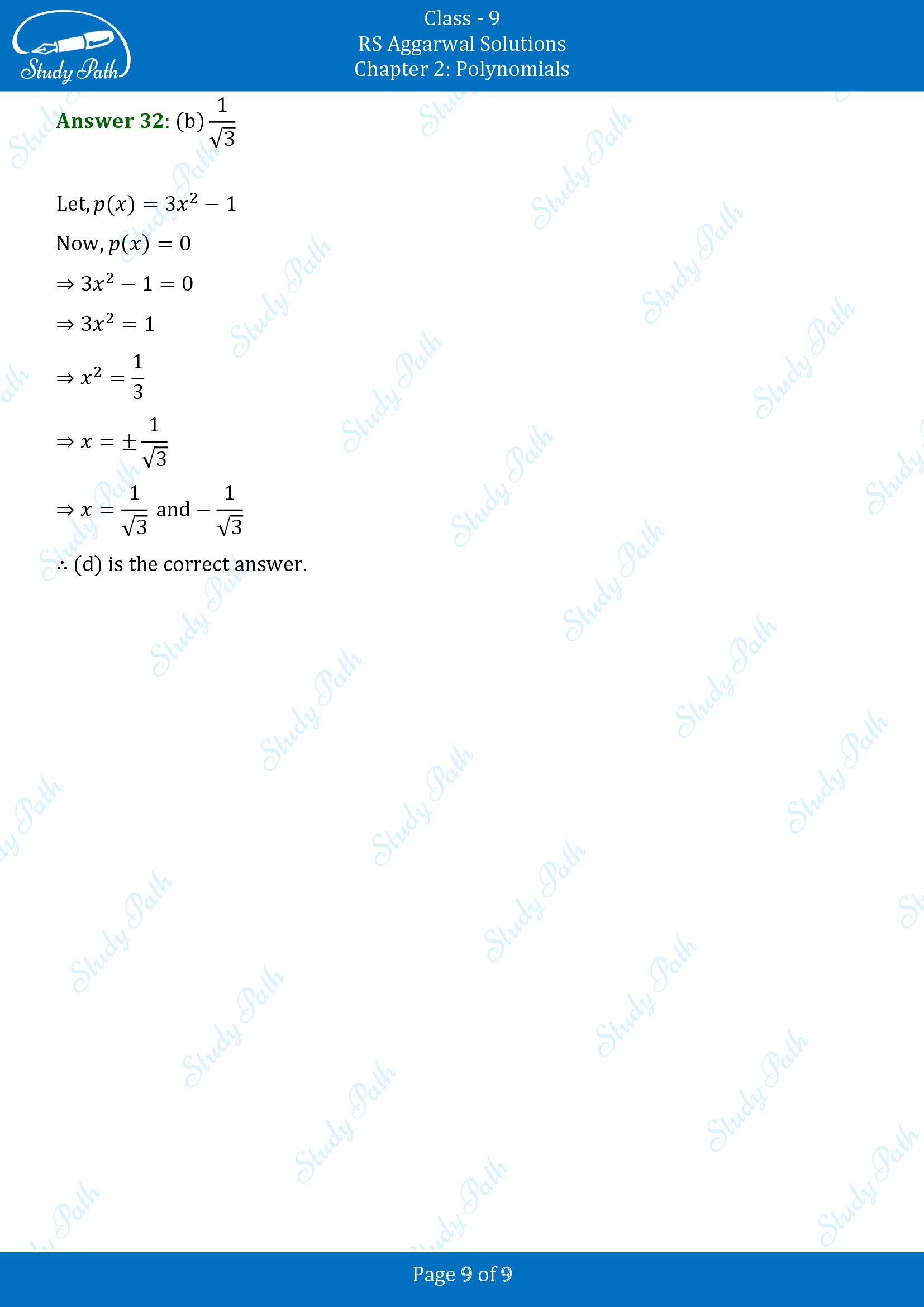 RS Aggarwal Solutions Class 9 Chapter 2 Polynomials Multiple Choice Questions MCQs 00009