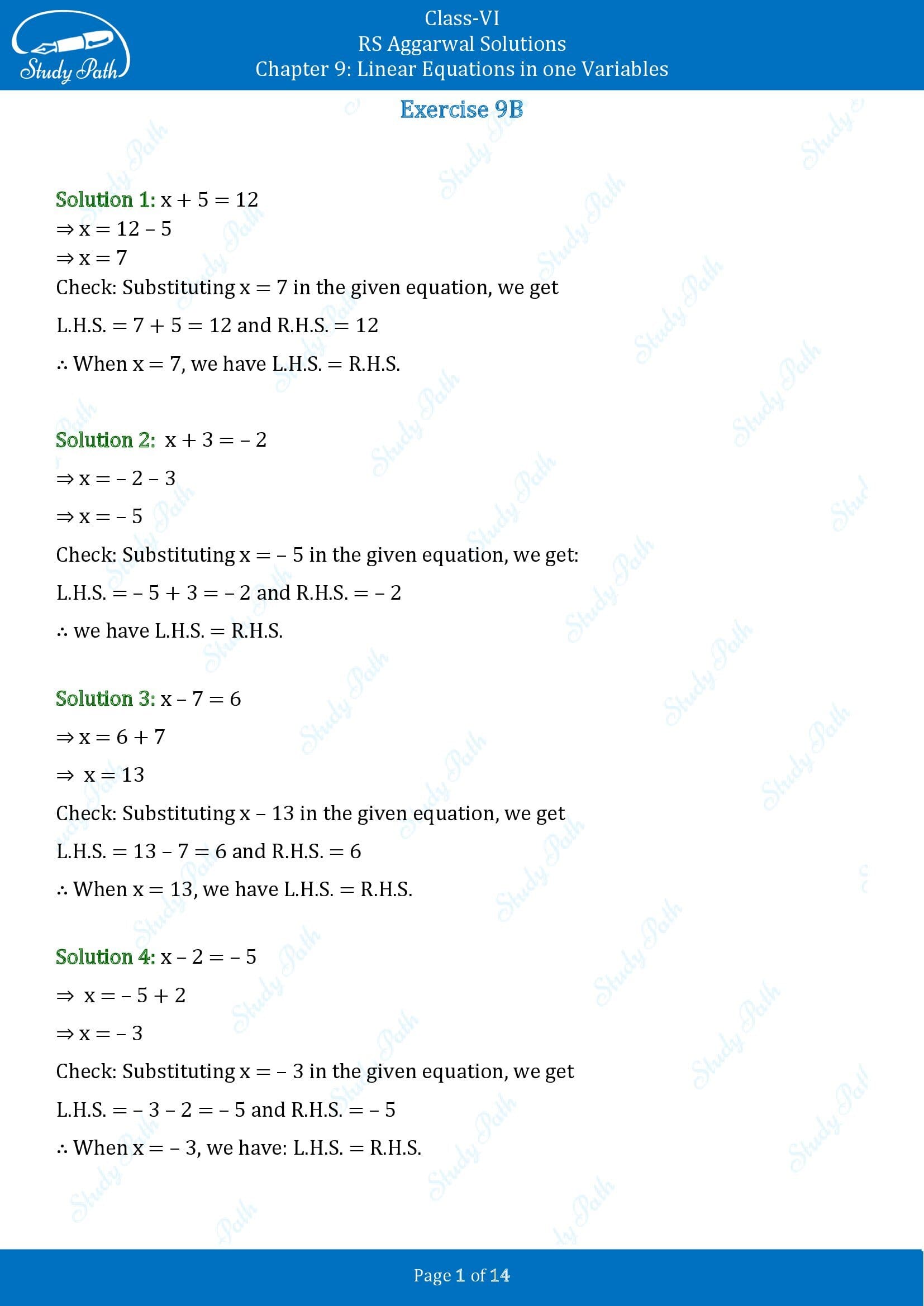 RS Aggarwal Solutions Class 6 Chapter 9 Linear Equations in One Variable Exercise 9B 00001