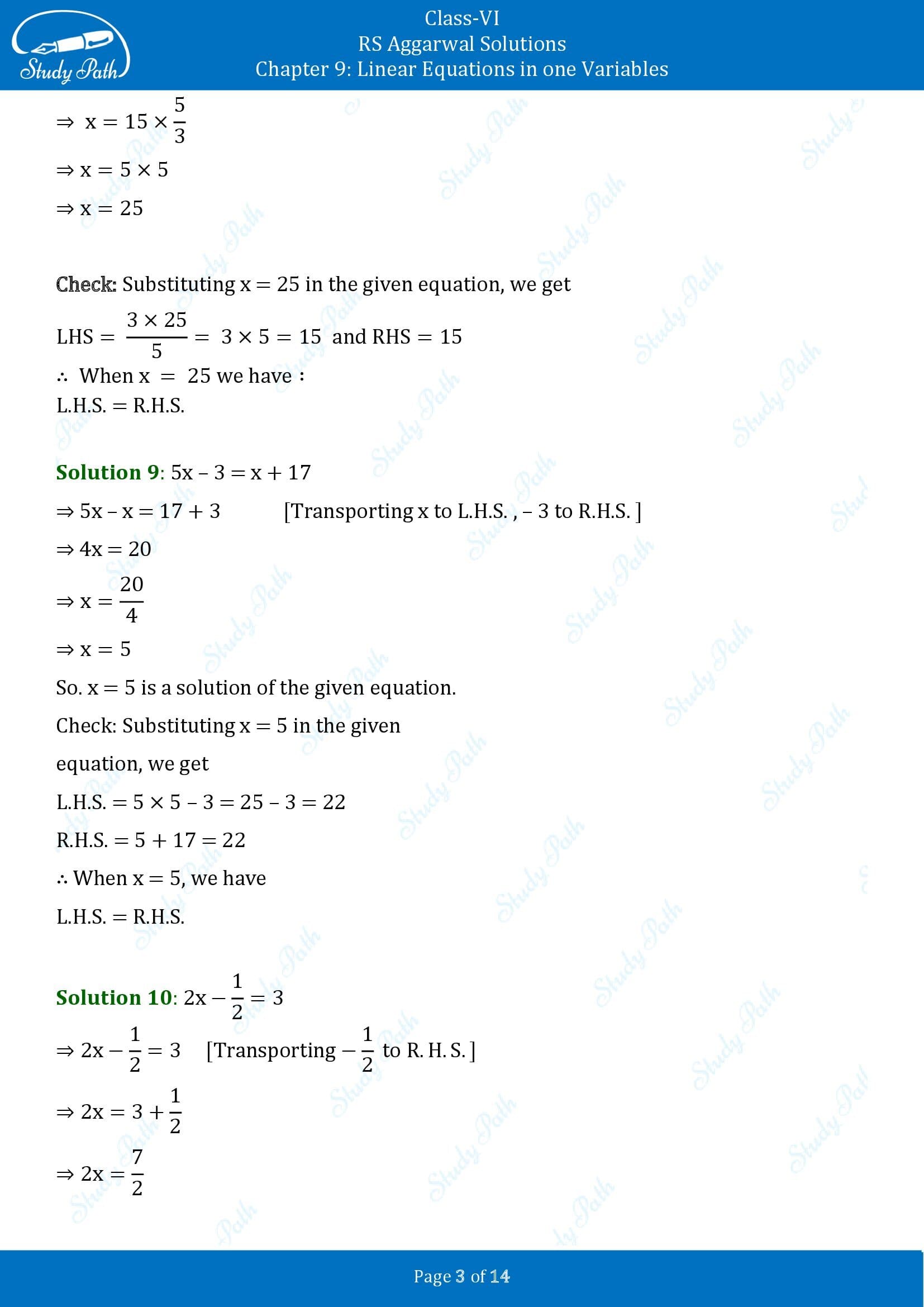 RS Aggarwal Solutions Class 6 Chapter 9 Linear Equations in One Variable Exercise 9B 00003