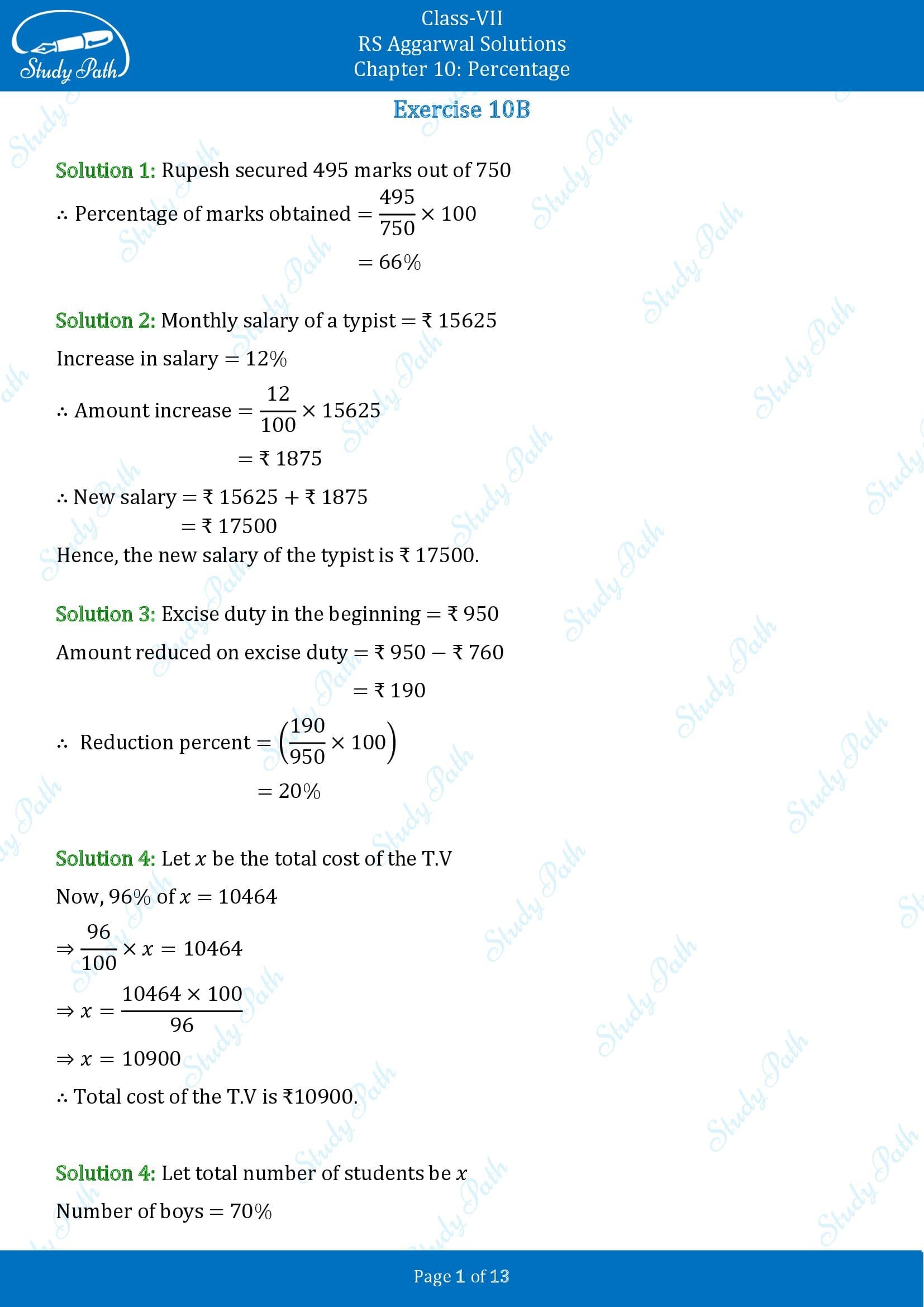 RS Aggarwal Solutions Class 7 Chapter 10 Percentage Exercise 10B 00001