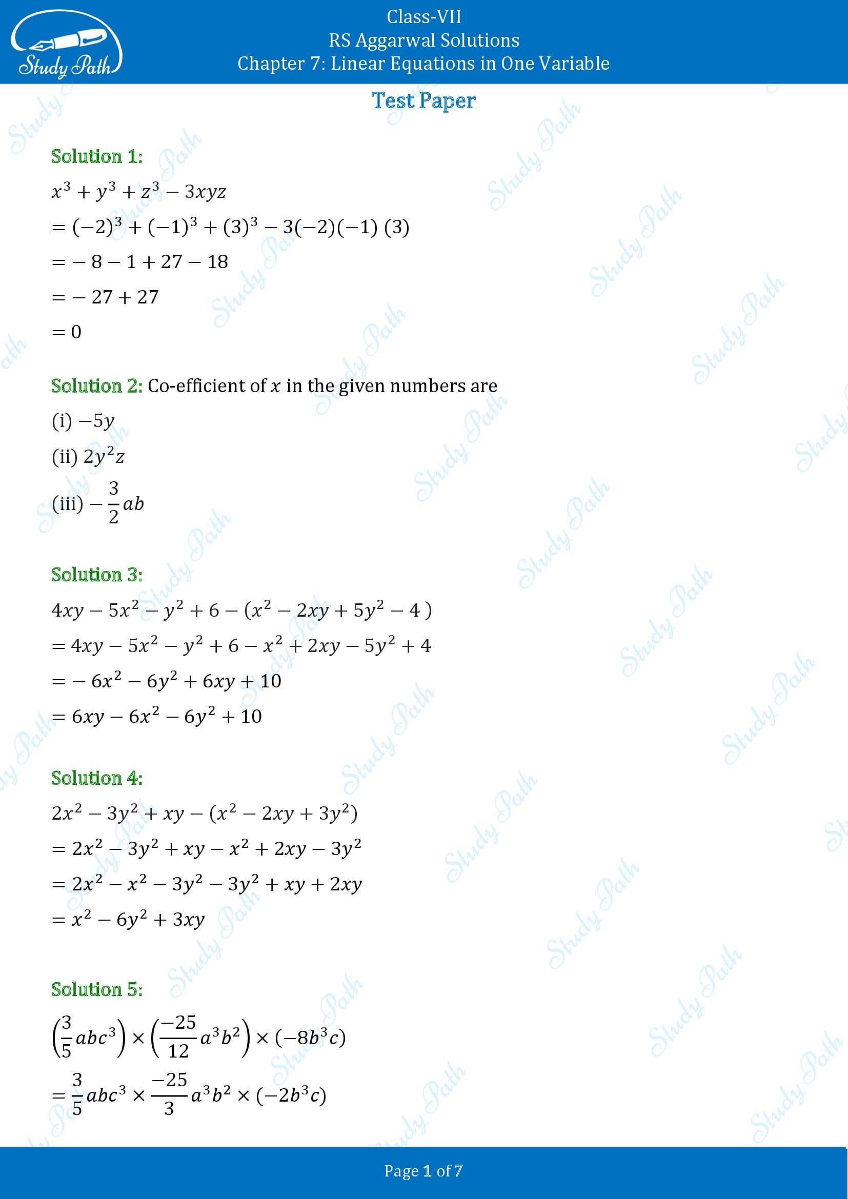 RS Aggarwal Solutions Class 7 Chapter 7 Linear Equations in One Variable Test Paper 00001