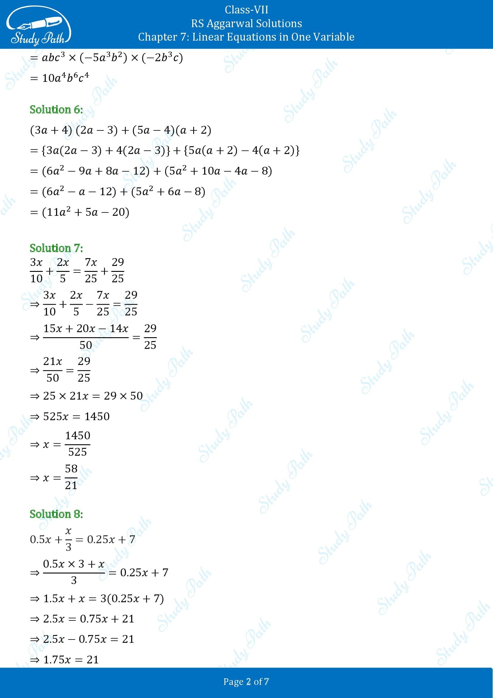 RS Aggarwal Solutions Class 7 Chapter 7 Linear Equations in One Variable Test Paper 00002