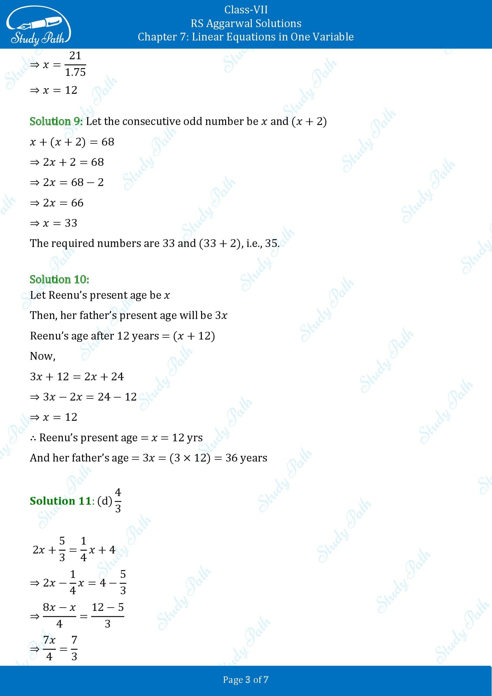 RS Aggarwal Solutions Class 7 Chapter 7 Linear Equations in One Variable Test Paper 00003