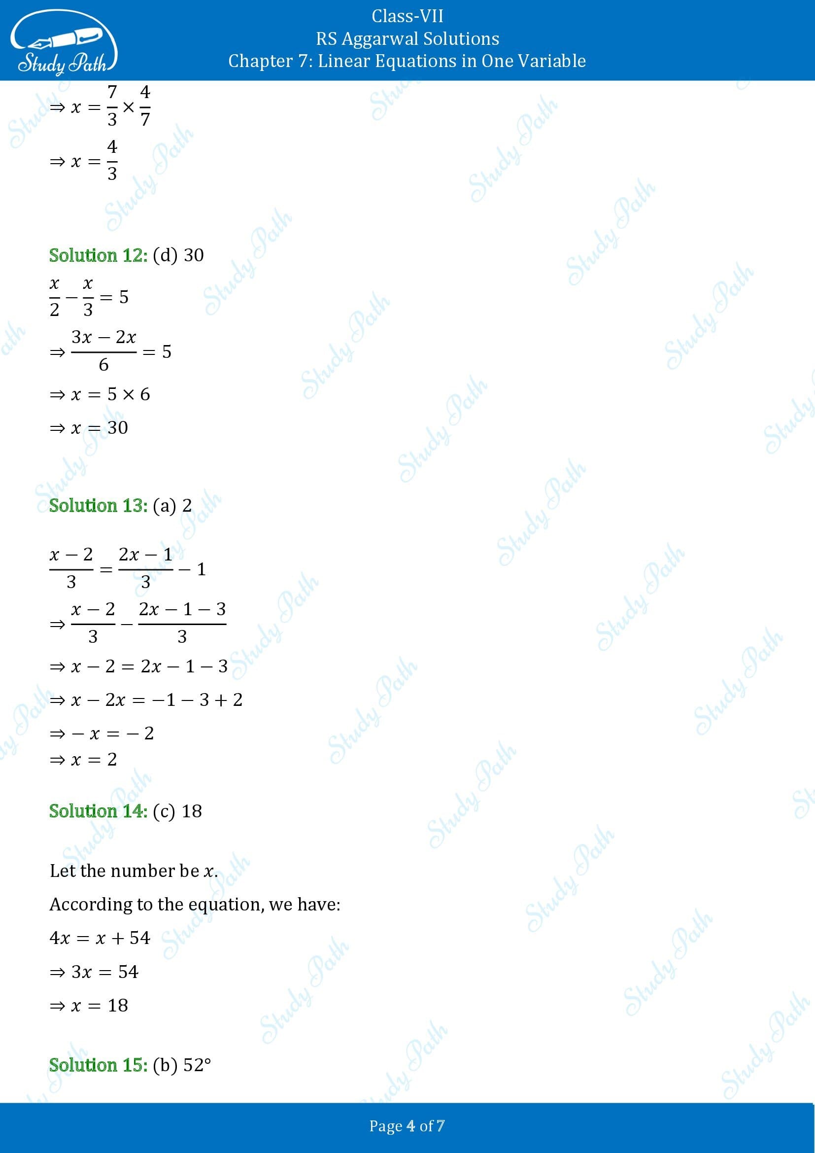 RS Aggarwal Solutions Class 7 Chapter 7 Linear Equations in One Variable Test Paper 00004