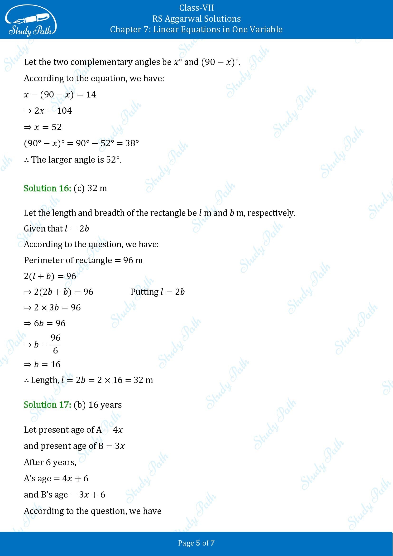 RS Aggarwal Solutions Class 7 Chapter 7 Linear Equations in One Variable Test Paper 00005