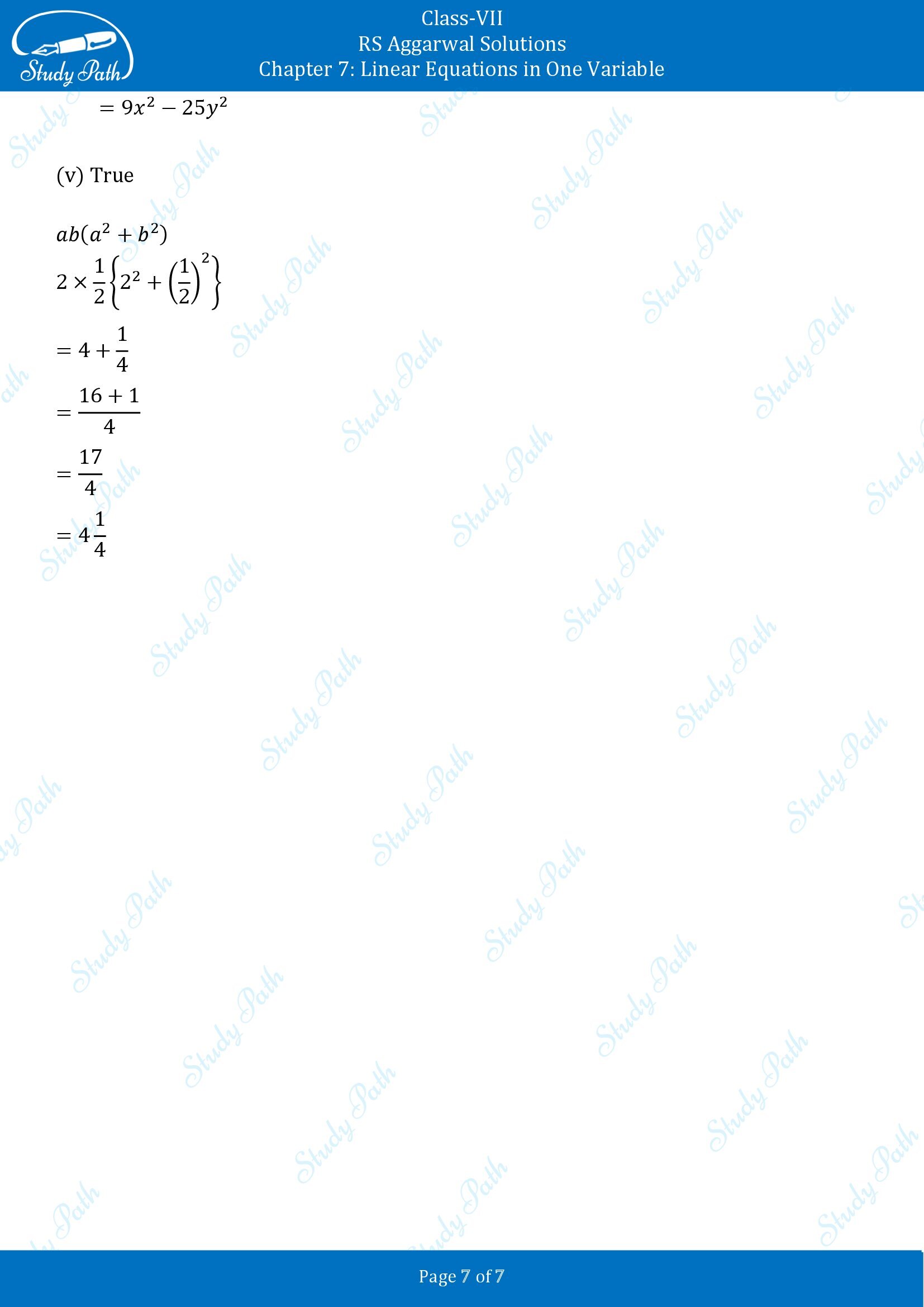 RS Aggarwal Solutions Class 7 Chapter 7 Linear Equations in One Variable Test Paper 00007