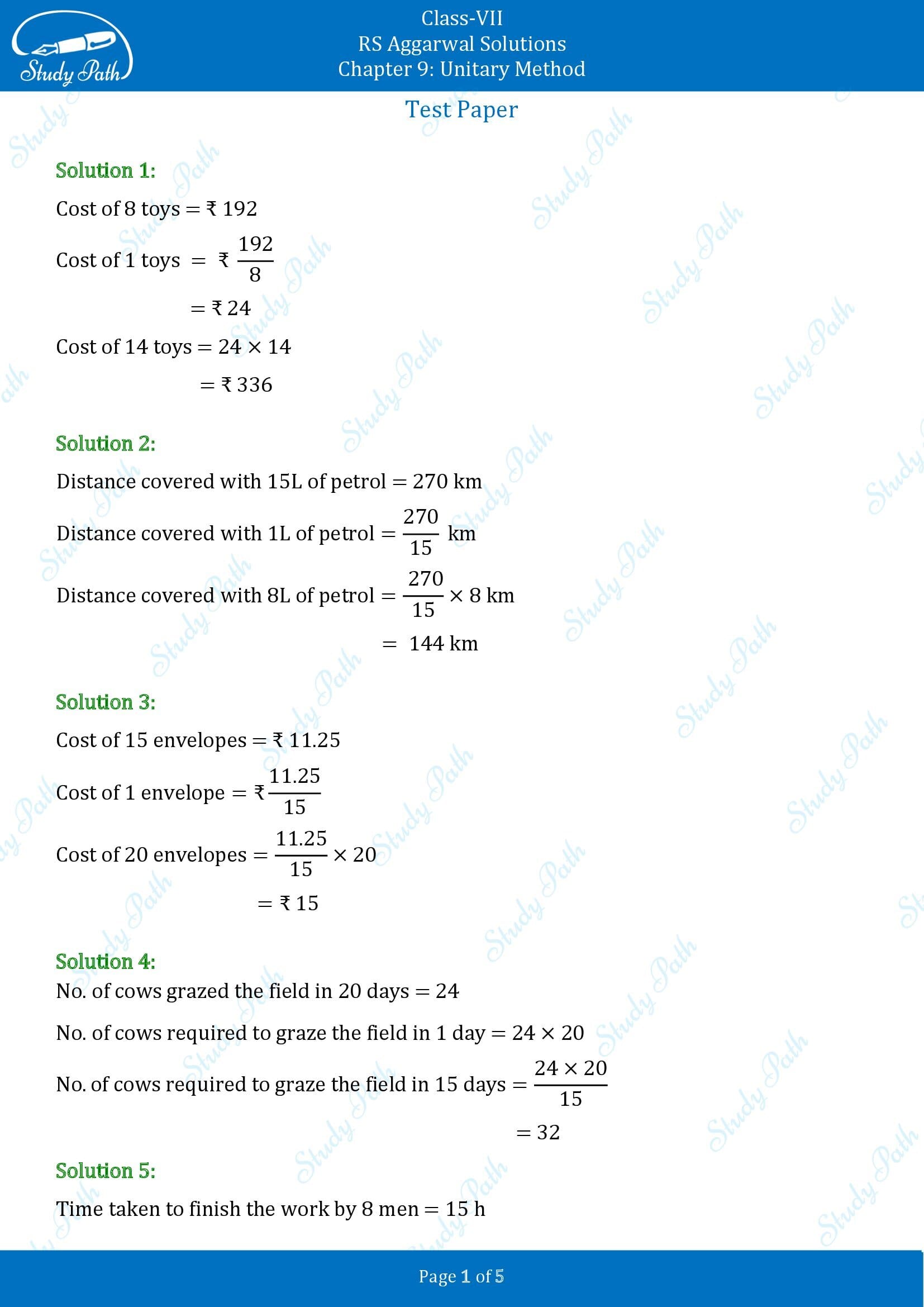 RS Aggarwal Solutions Class 7 Chapter 9 Unitary Method Test Paper 00001