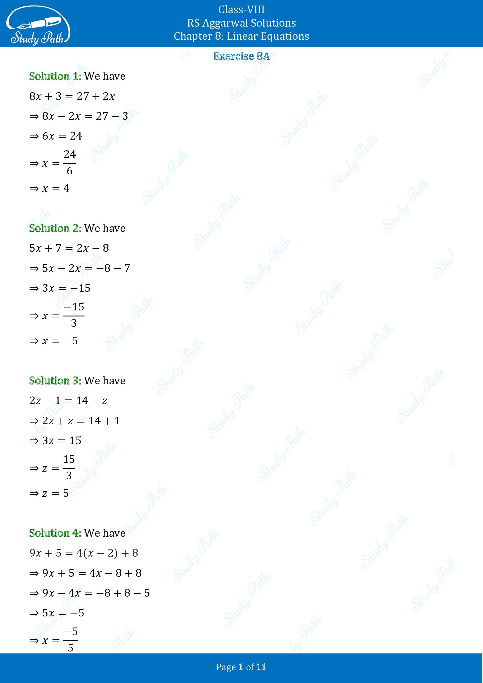 RS Aggarwal Solutions Class 8 Chapter 8 Linear Equations Exercise 8A 00001