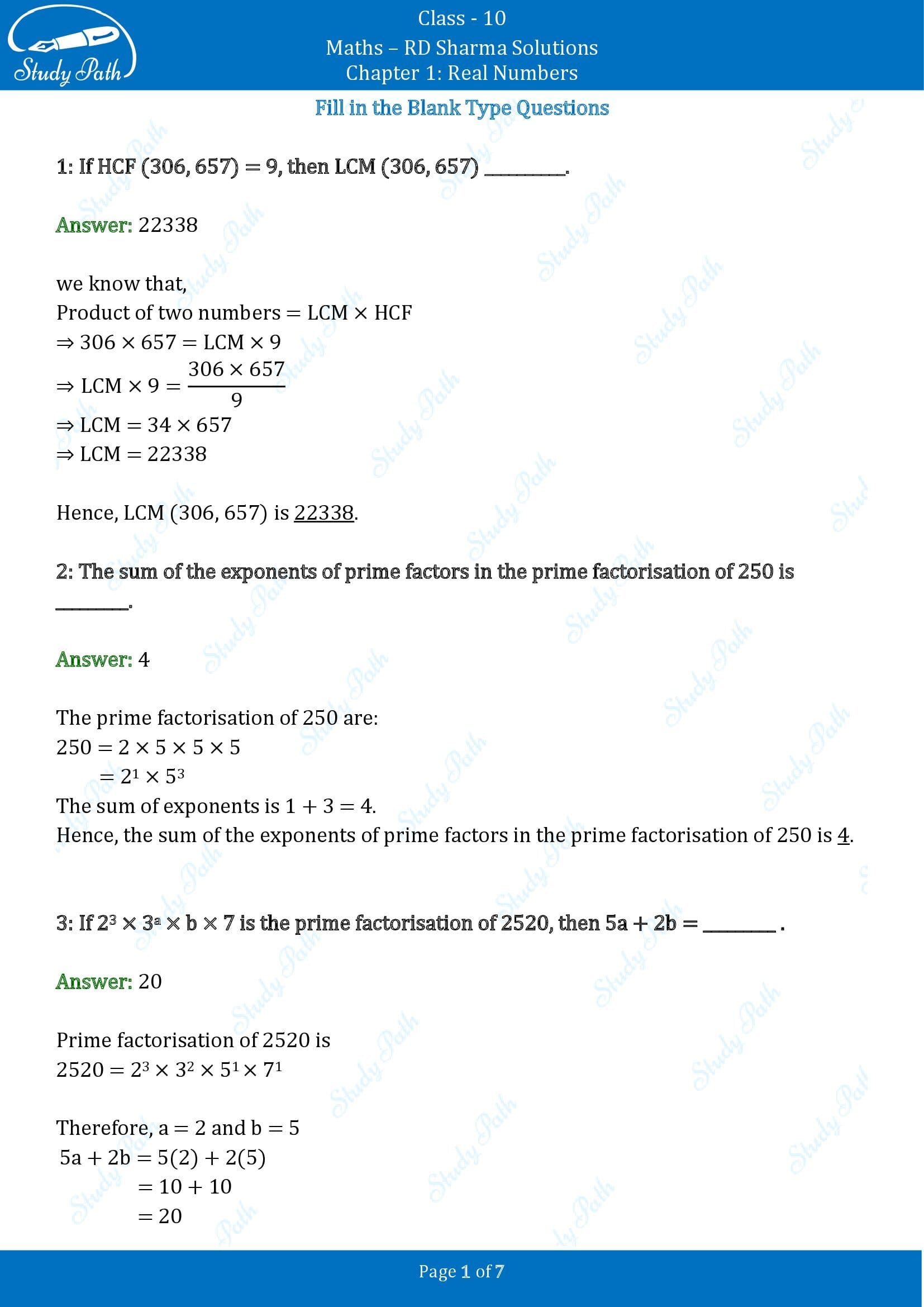 RD Sharma Solutions Class 10 Chapter 1 Real Numbers Fill in the Blank Type Questions FBQs 00001