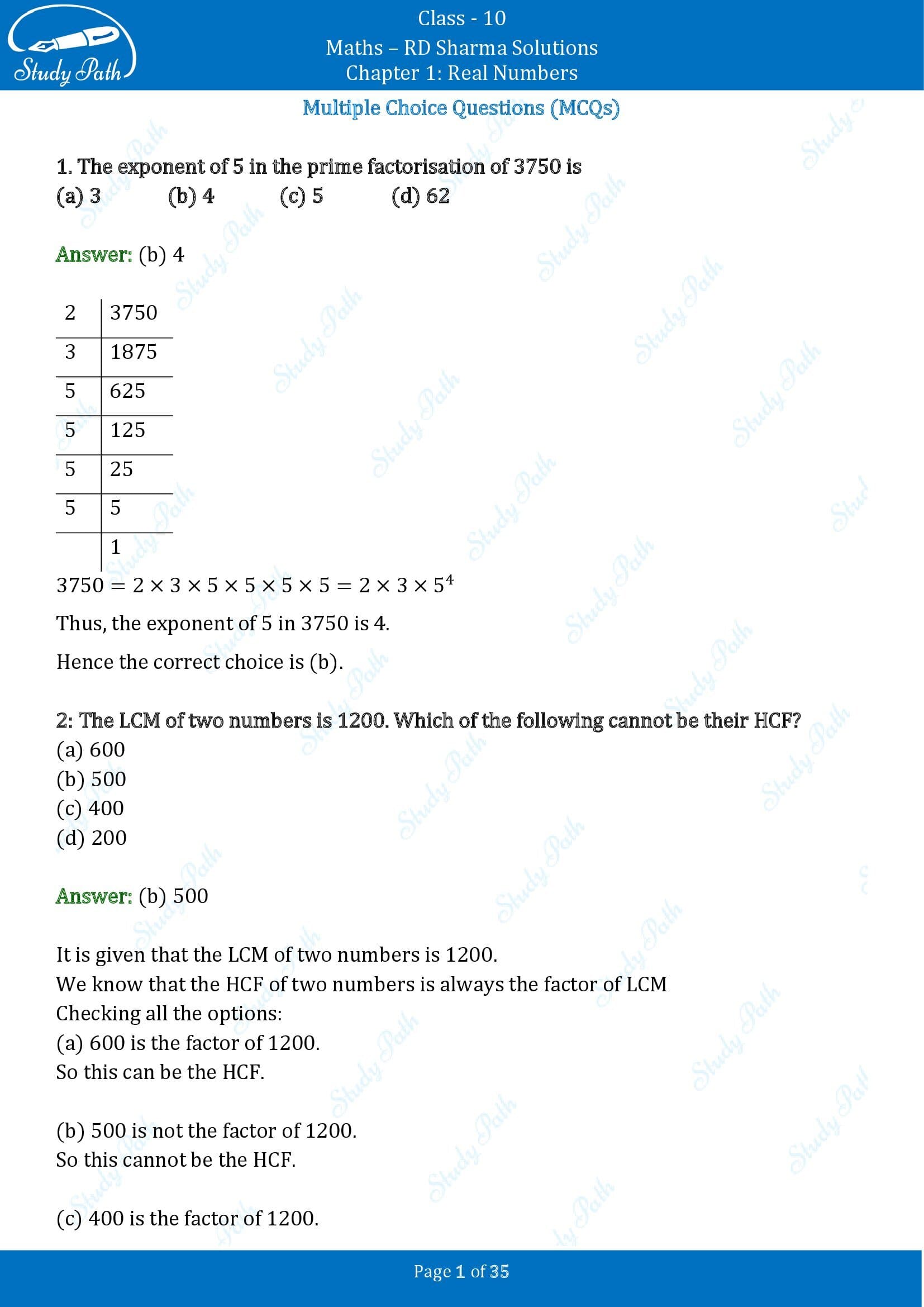 RD Sharma Solutions Class 10 Chapter 1 Real Numbers Multiple Choice Questions MCQs 00001