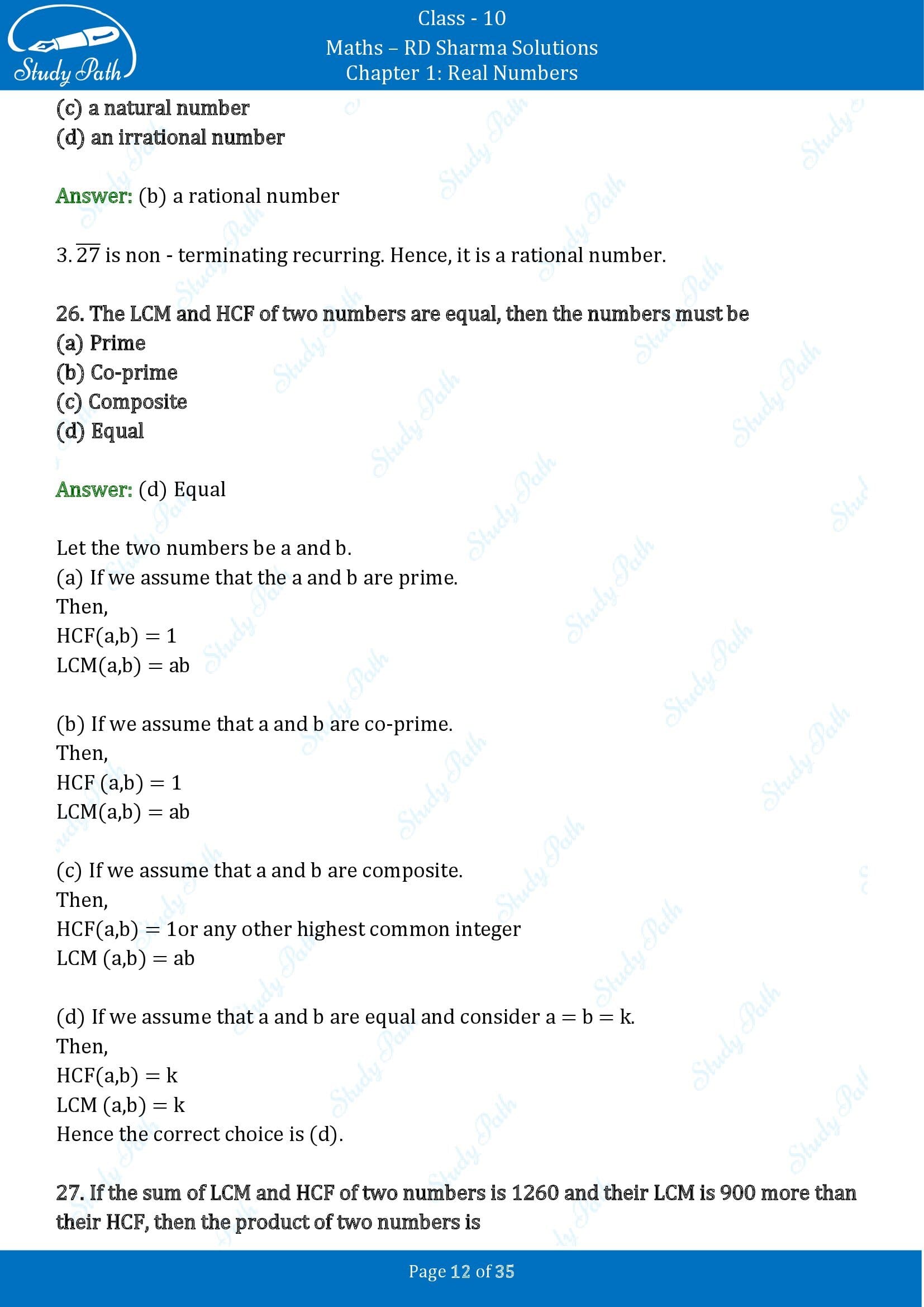 RD Sharma Solutions Class 10 Chapter 1 Real Numbers Multiple Choice Questions MCQs 00012