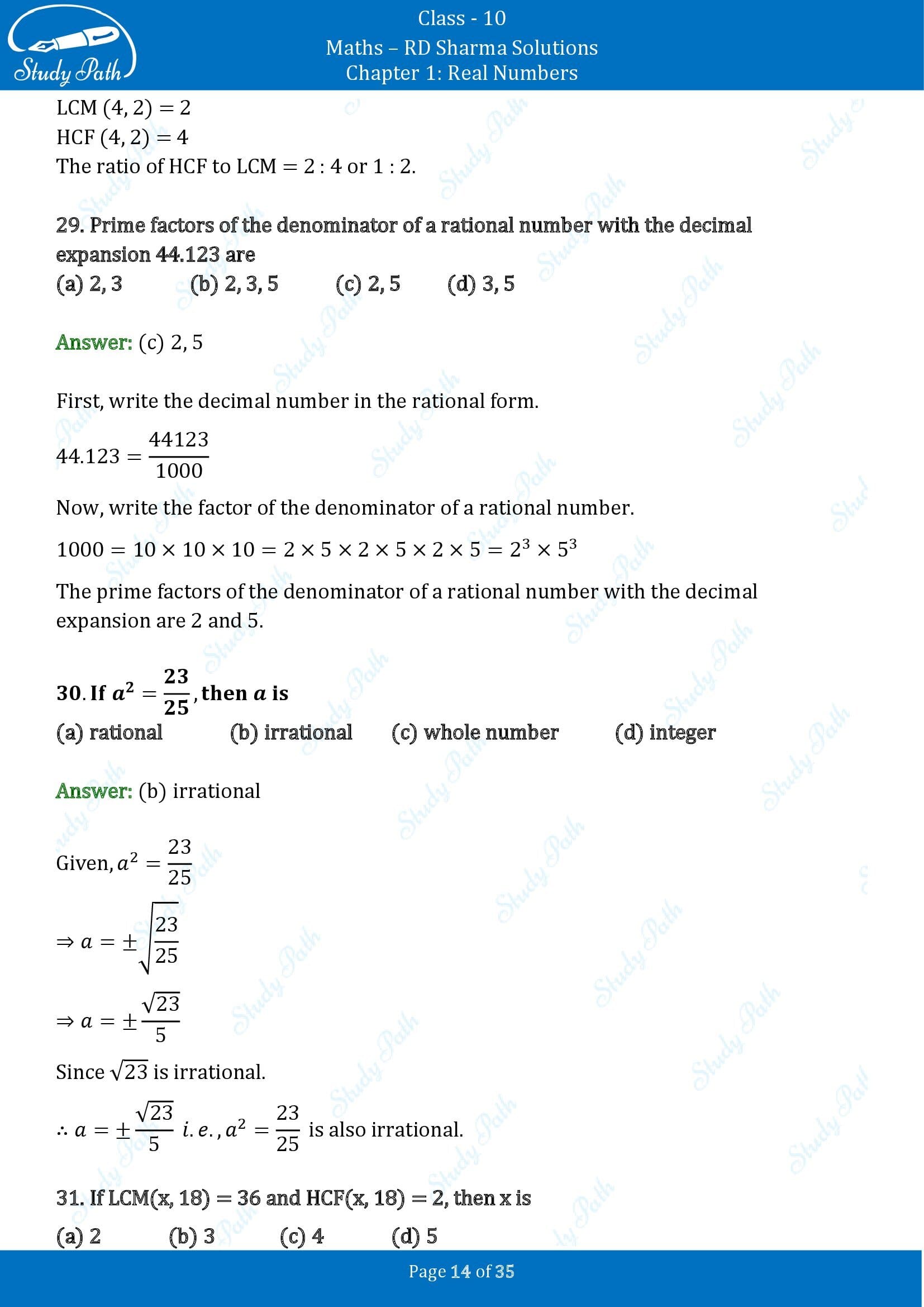 RD Sharma Solutions Class 10 Chapter 1 Real Numbers Multiple Choice Questions MCQs 00014