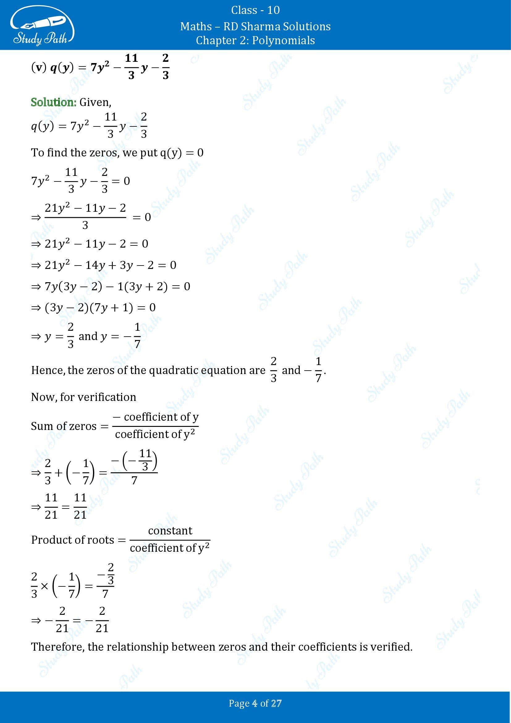 RD Sharma Solutions Class 10 Chapter 2 Polynomials Exercise 2.1 00004