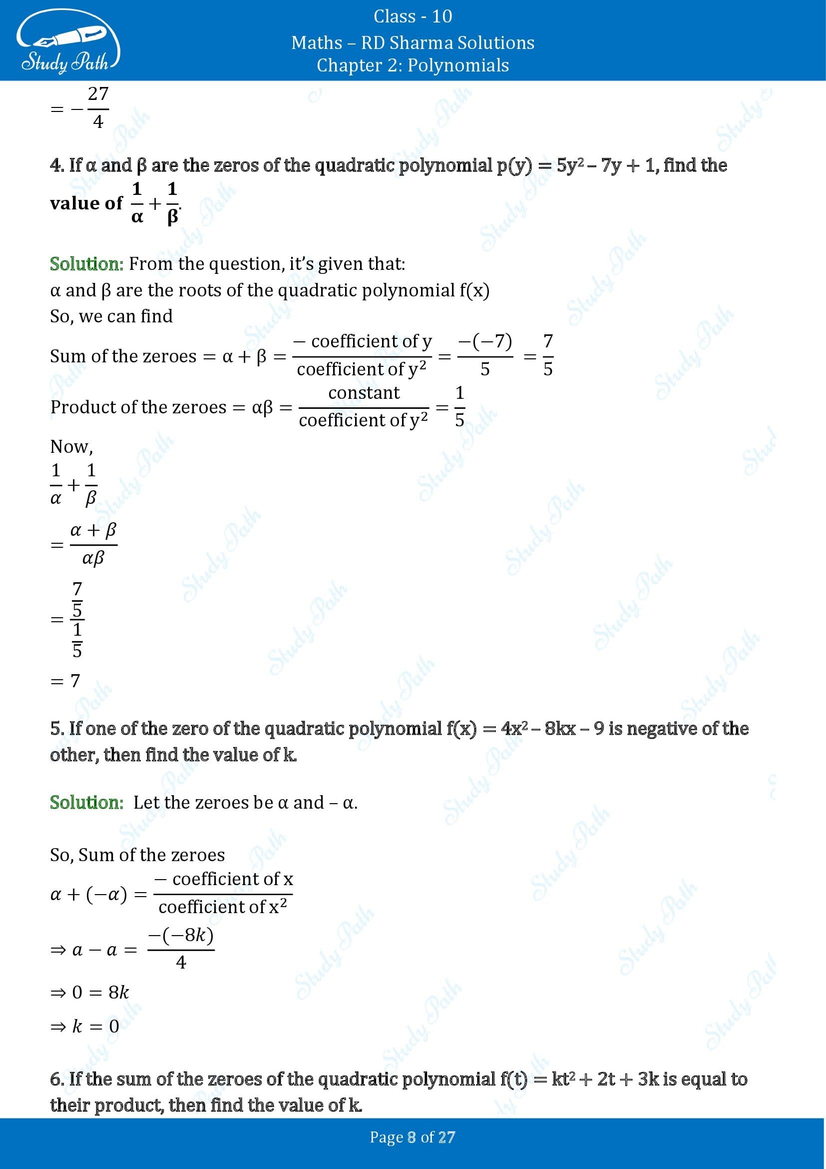 RD Sharma Solutions Class 10 Chapter 2 Polynomials Exercise 2.1 00008