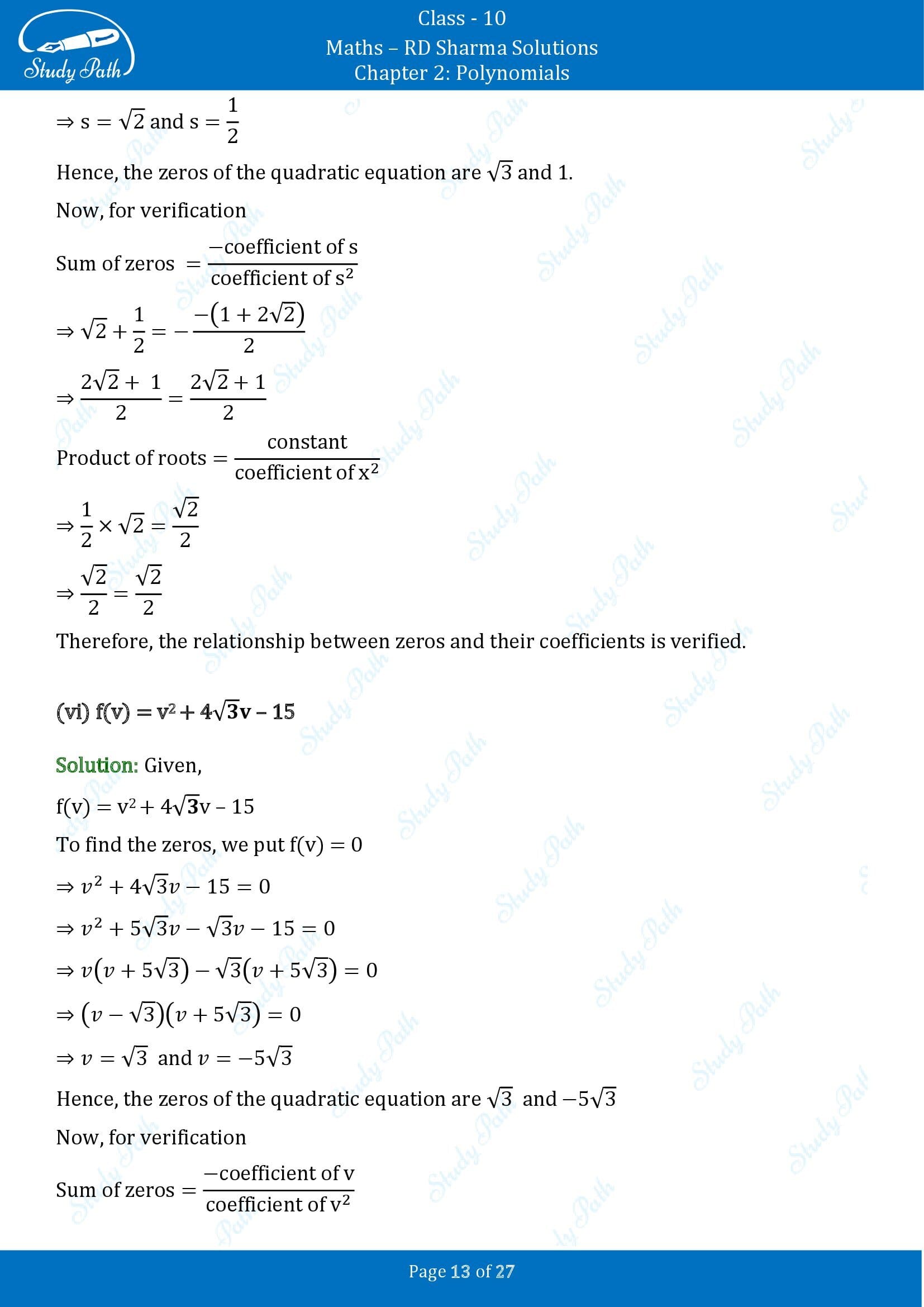 RD Sharma Solutions Class 10 Chapter 2 Polynomials Exercise 2.1 00013